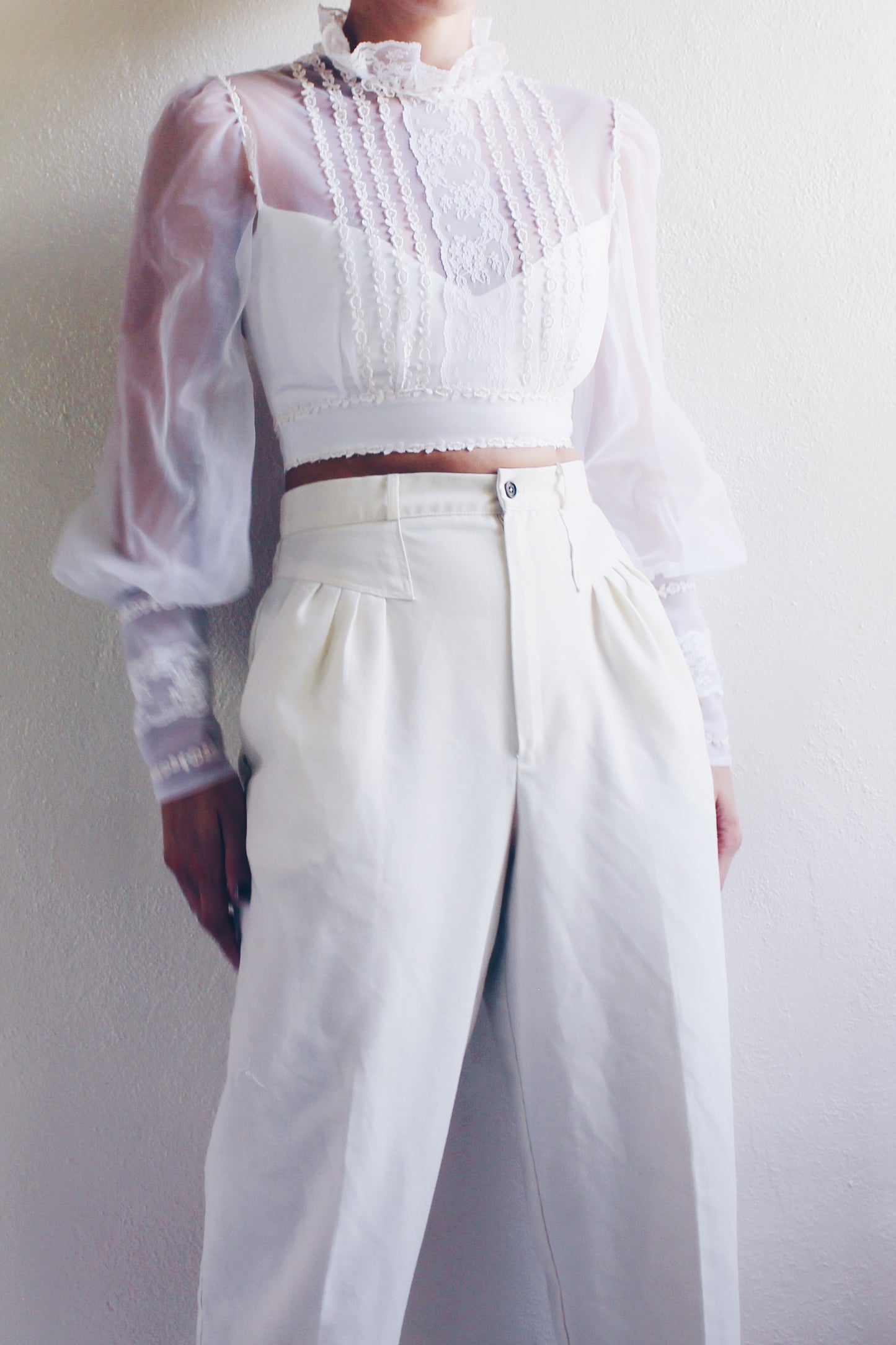 White cottagecore blouse / reworked lace up puff sleeve crop top/ Victorian high Collar Lace shirt