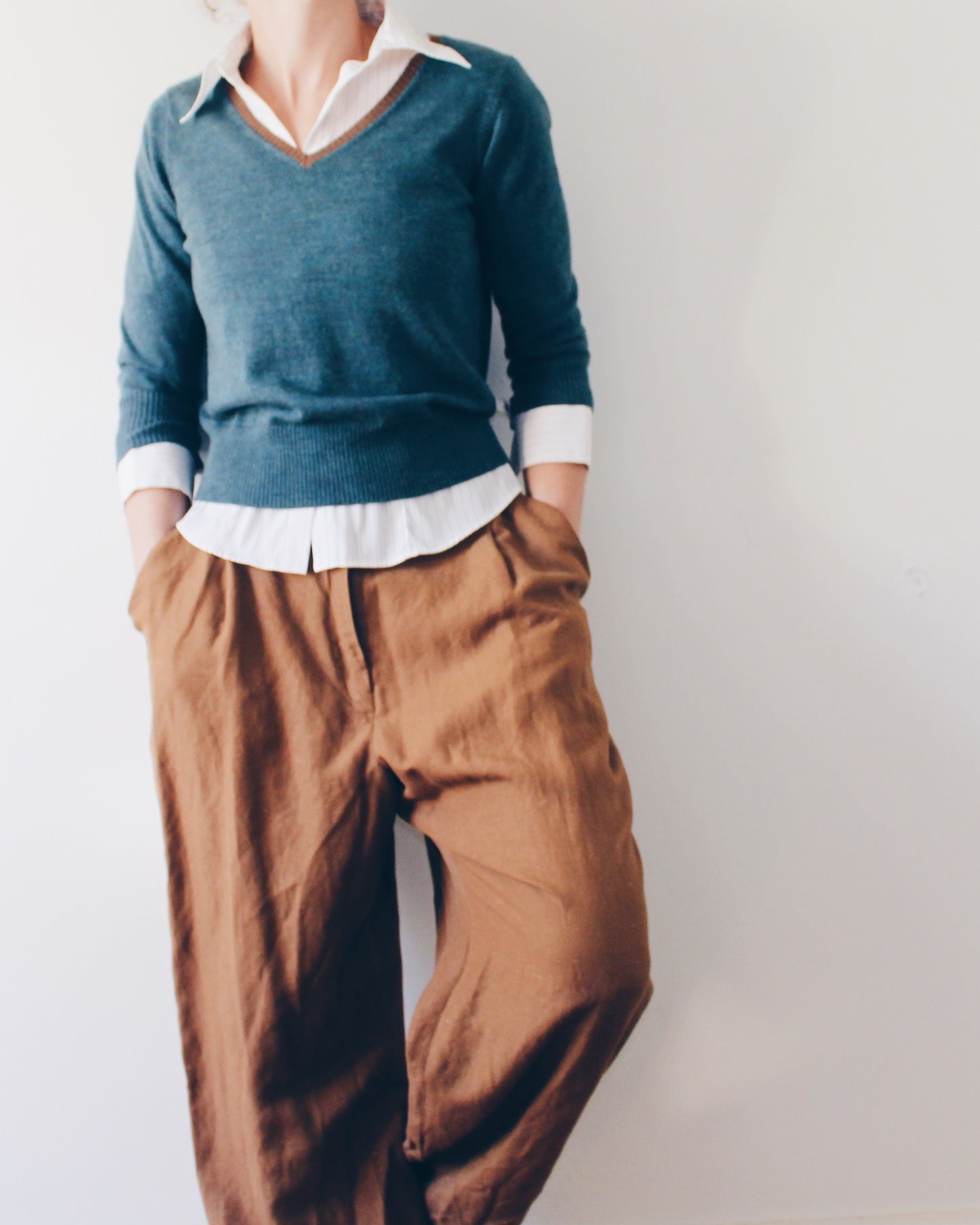 Vintage 100% Italian Merino Wool Sweater – Teal Blue Minimalist Academic Layering Pullover