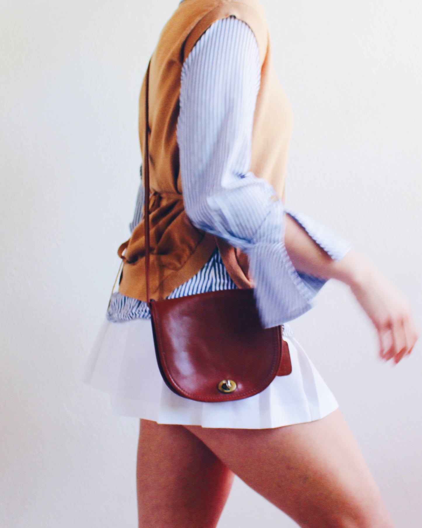 Tan Knit Layered Vest Top with Blue‑White Striped Shirt Sleeves & Collar – Academic Layering Blouse Style