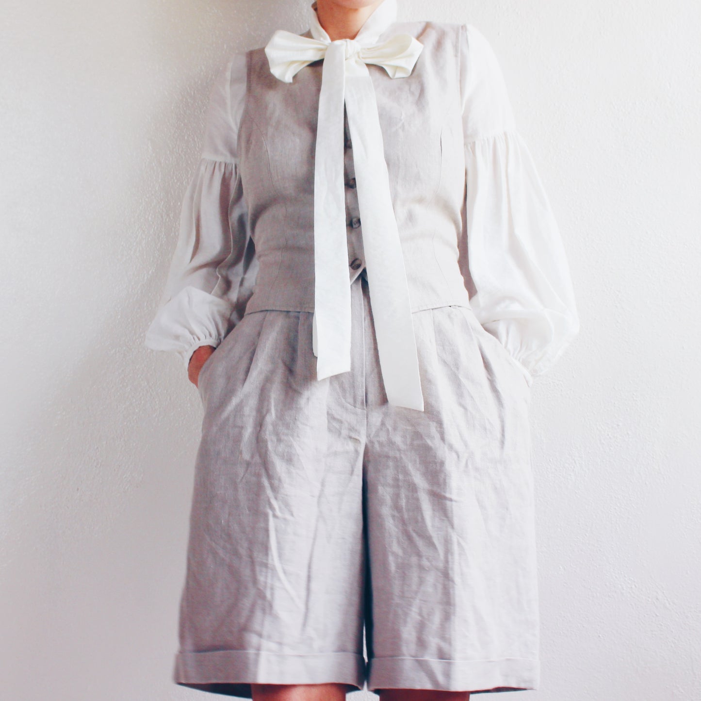 Vintage Beige Linen Pleated Shorts and Vest Set - Academic 90s Minimalism