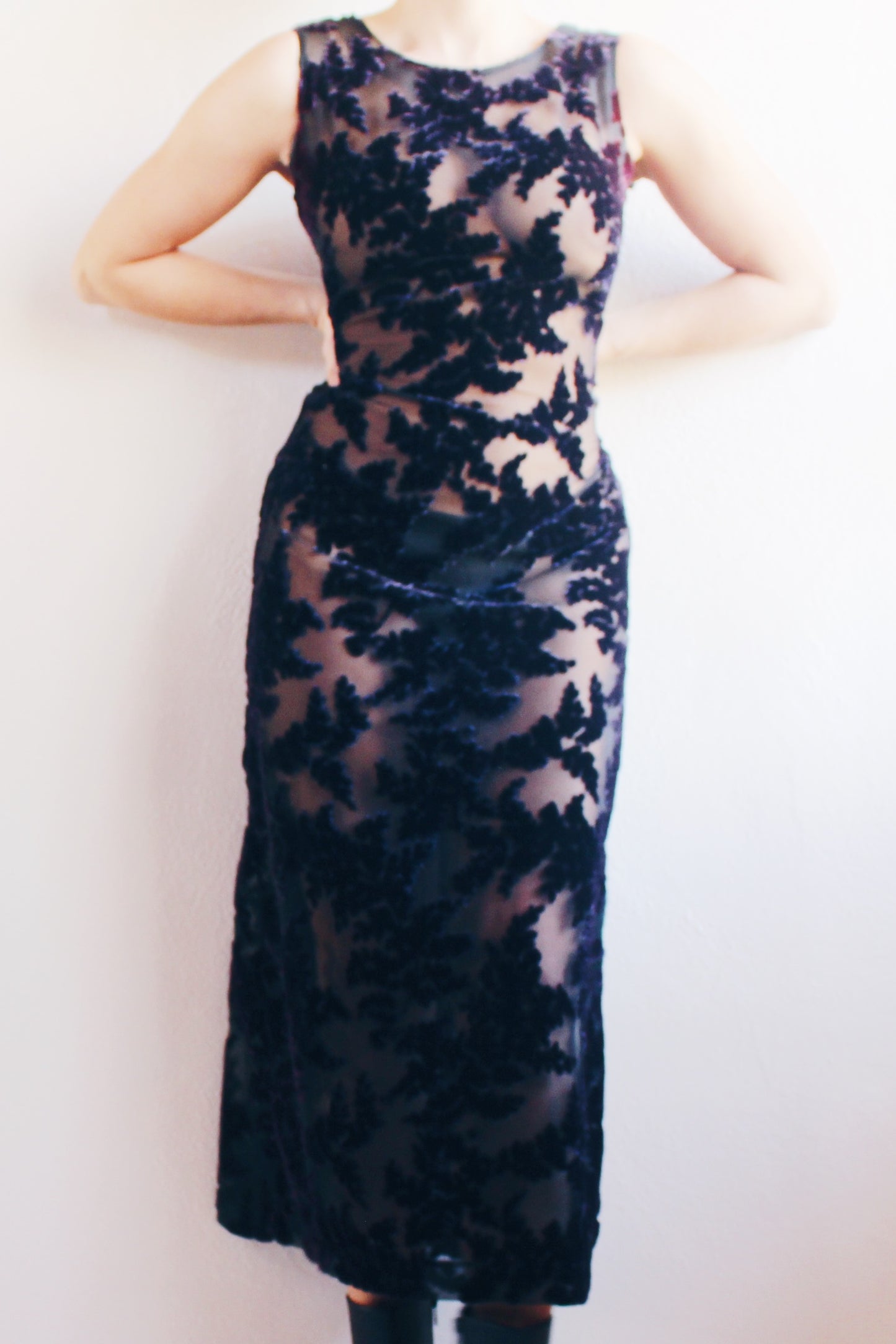 Gothic Elegance: Upcycled Sheer Long Dress with Dark Navy Velvet Florals for Burnout Bliss