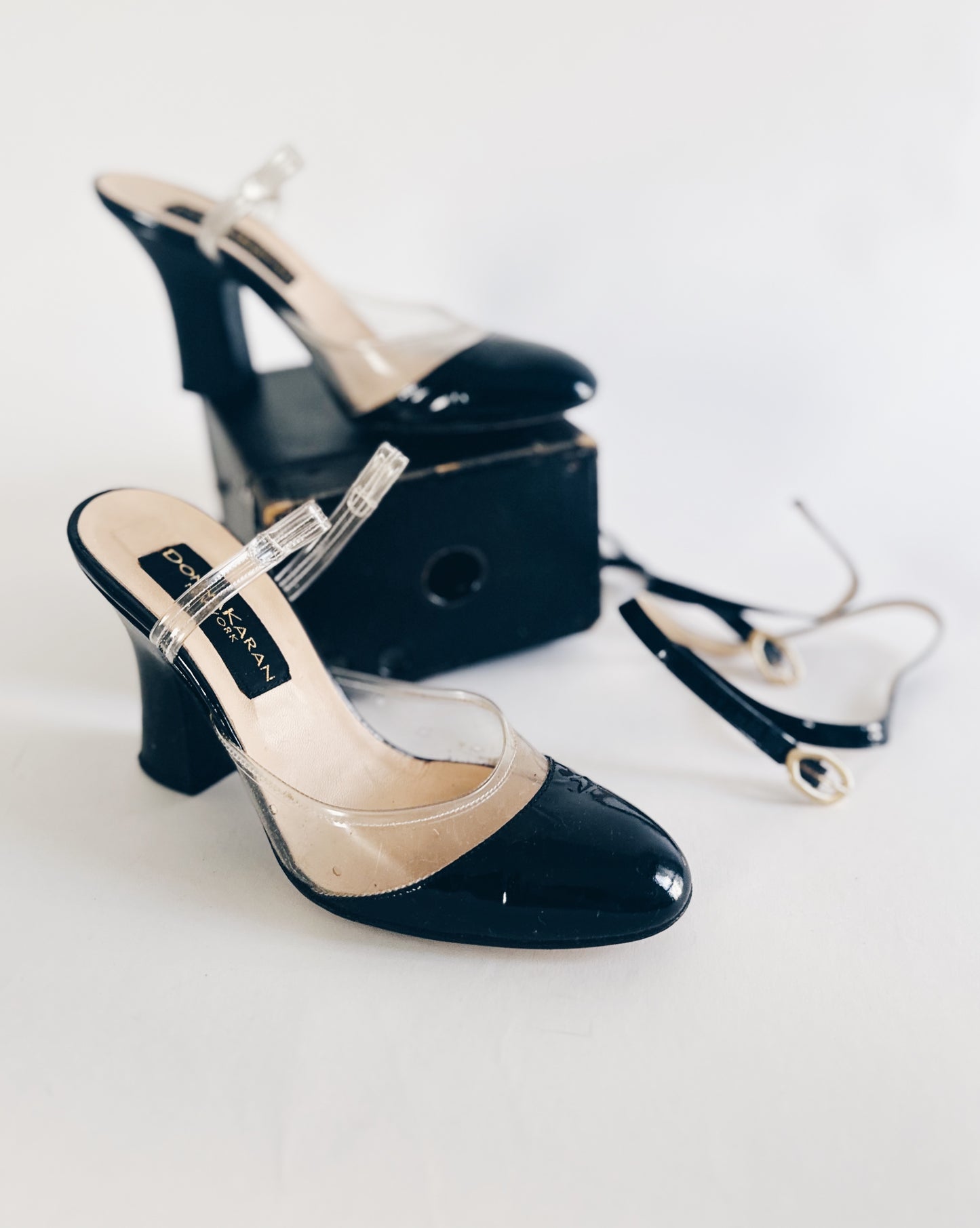 Vintage Donna Karan Cap Toe Heels – 90s Y2K Black Leather & Clear PVC Pumps | Detachable Ankle Strap Designer Shoes
