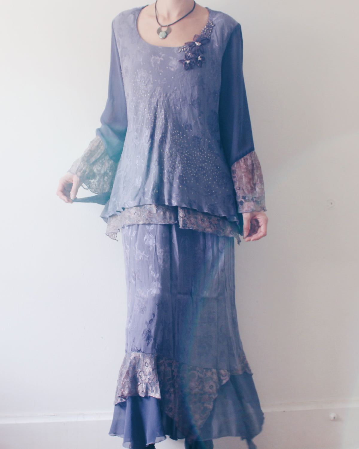Vintage 90s Spencer Alexis Whimsygoth Two Piece Set, Dusty Purple Lilac Layered Midi Skirt and Embroidered Ruffle Sleeve Top