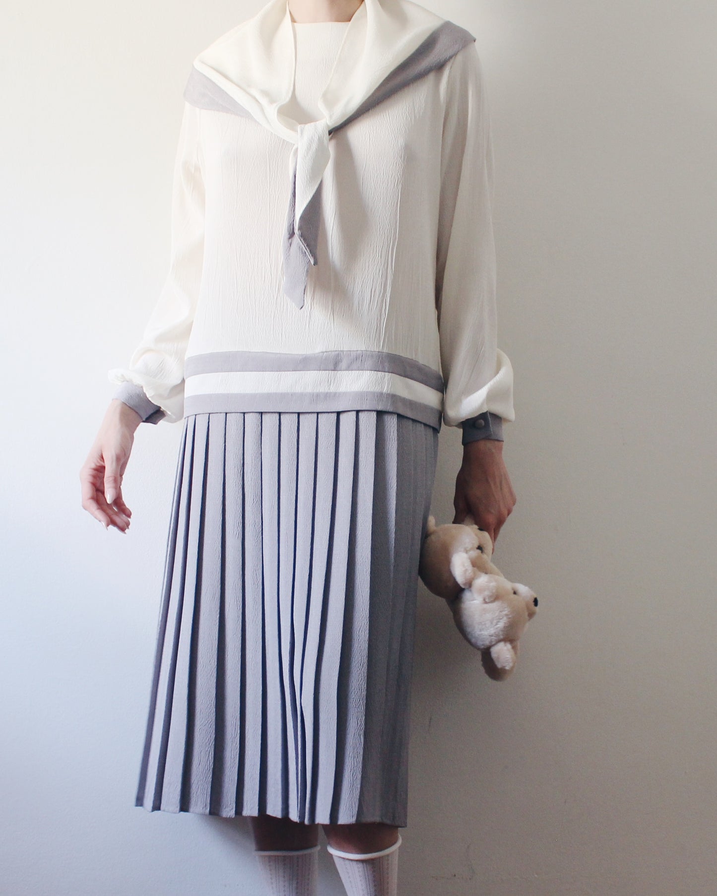 Vintage 1980s Nautical Sailor Dress | Cream Grey Drop Waist Pleated Midi | Scarf Tie Japanese Schoolgirl Preppy Mod Trends Jerrie Lurie