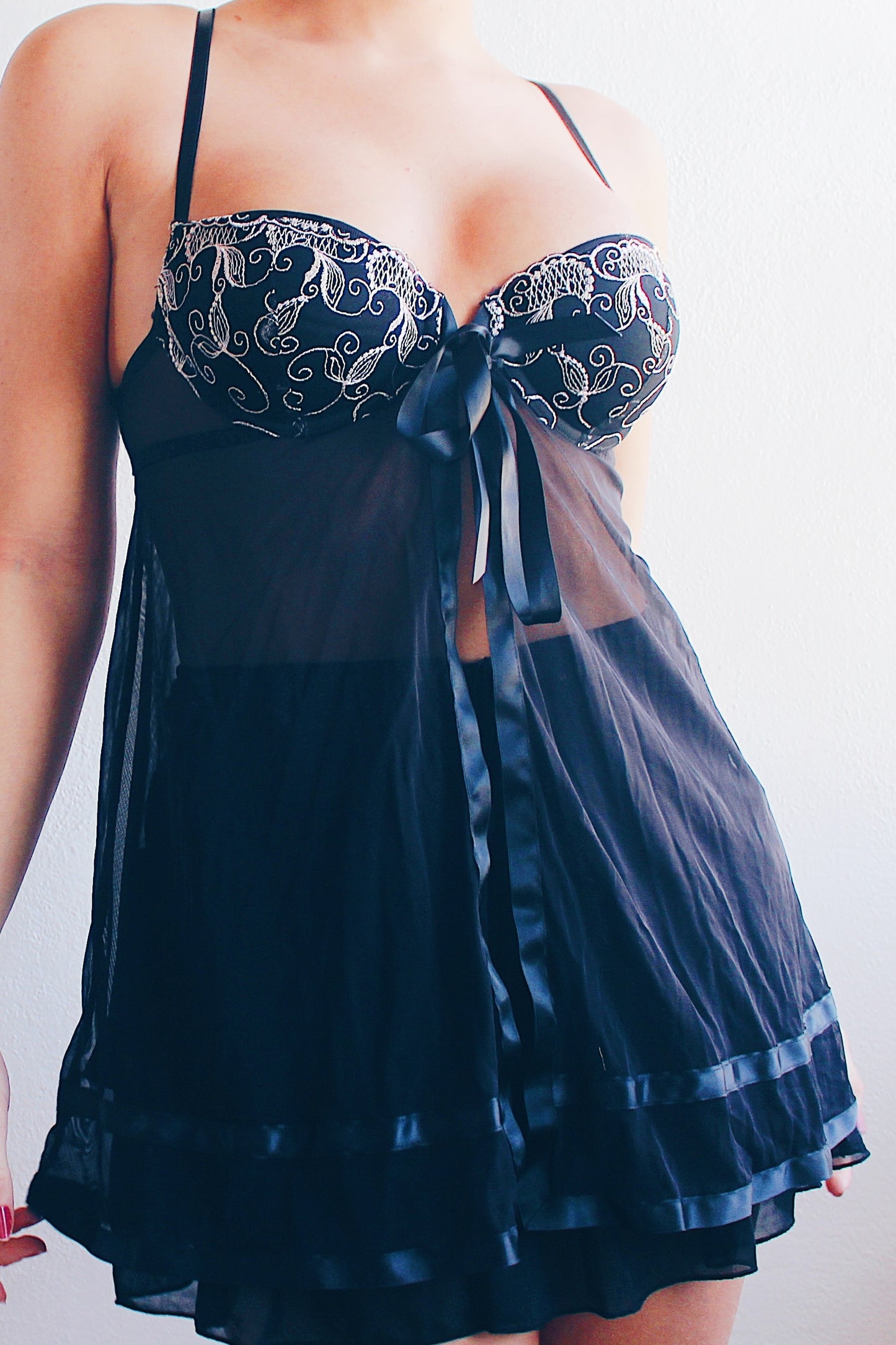 Y2K Lingerie Revived: Vintage Sheer Black Teddy / Embroidered underwire babydoll bra