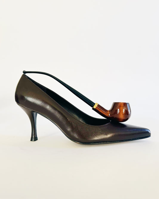 Vintage Stuart Weitzman Dark Chocolate Brown Leather Heels – 90s Minimalist 2 Inch Stiletto Pumps