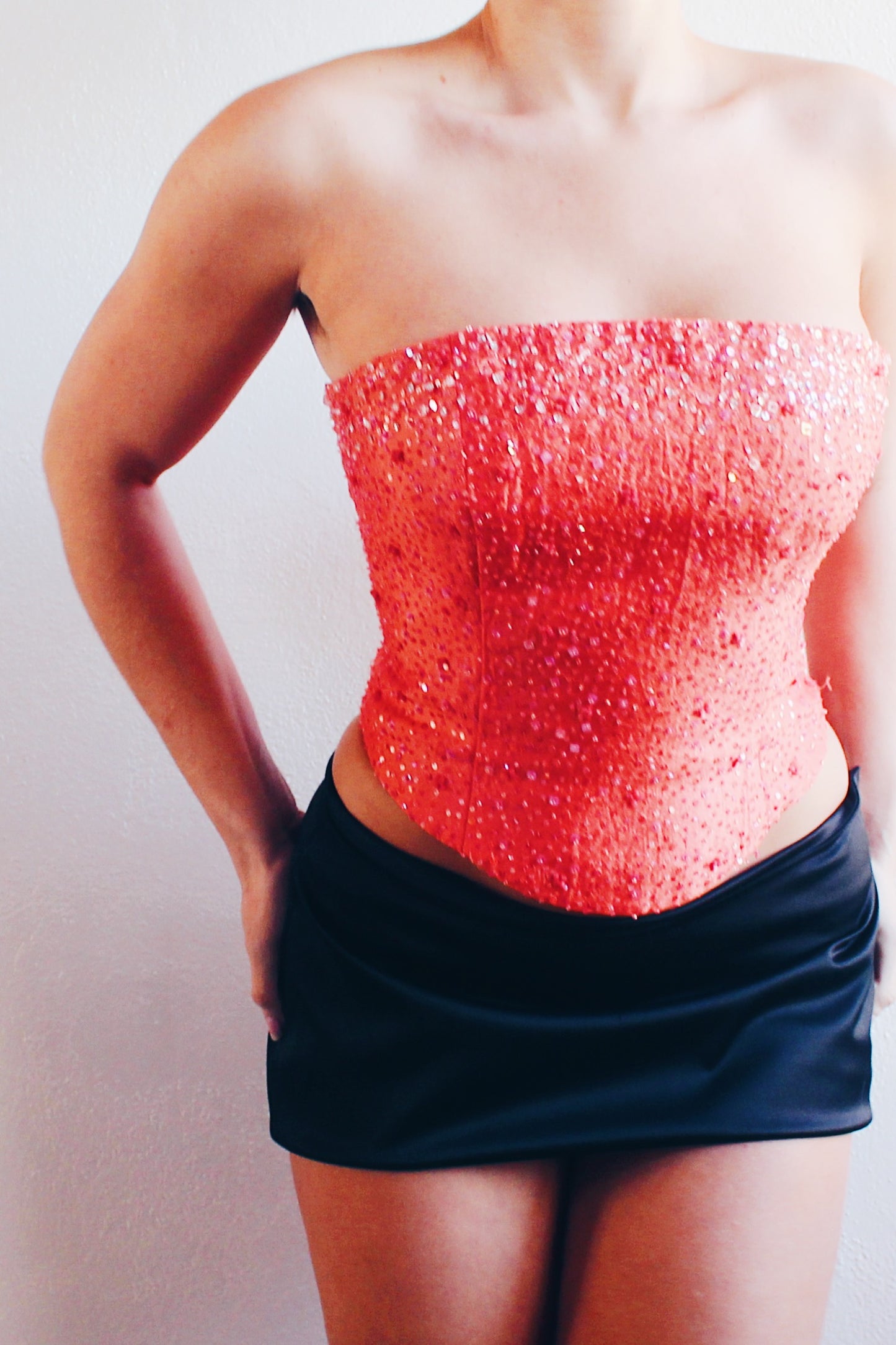 Y2K Glamour: Coral Beaded Lace-Up Formal Corset for Date Nights