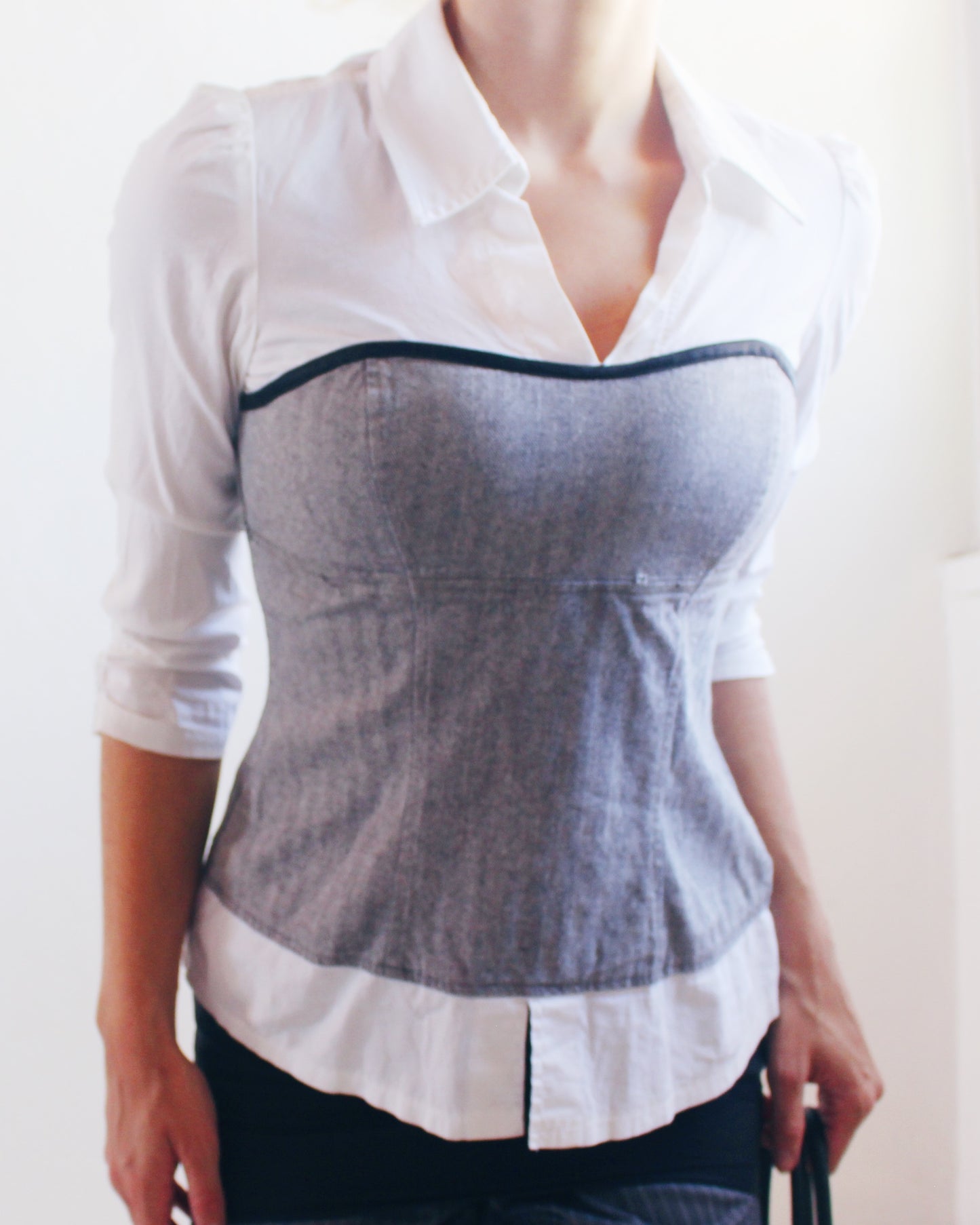 Y2K Office Siren Layered Illusion Blouse | 2000s White Collared Shirt with Grey Tube Overlay | Fitted Stretch Cotton Corporate Chic Top