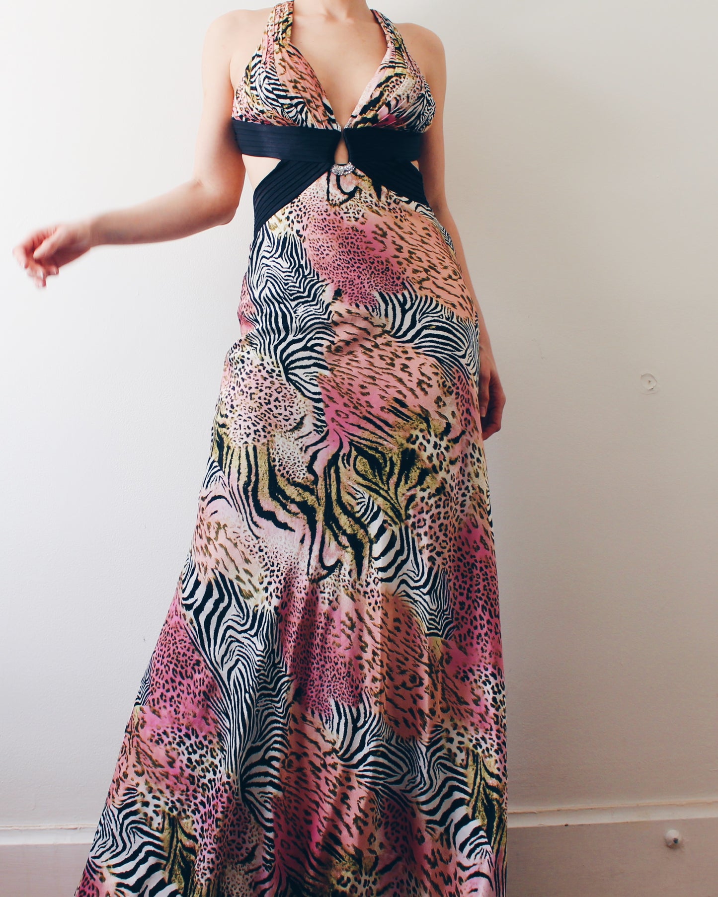 Vintage Y2K Black & Pink Zebra Print Prom Dress – Open Back Animal Print Statement Dress