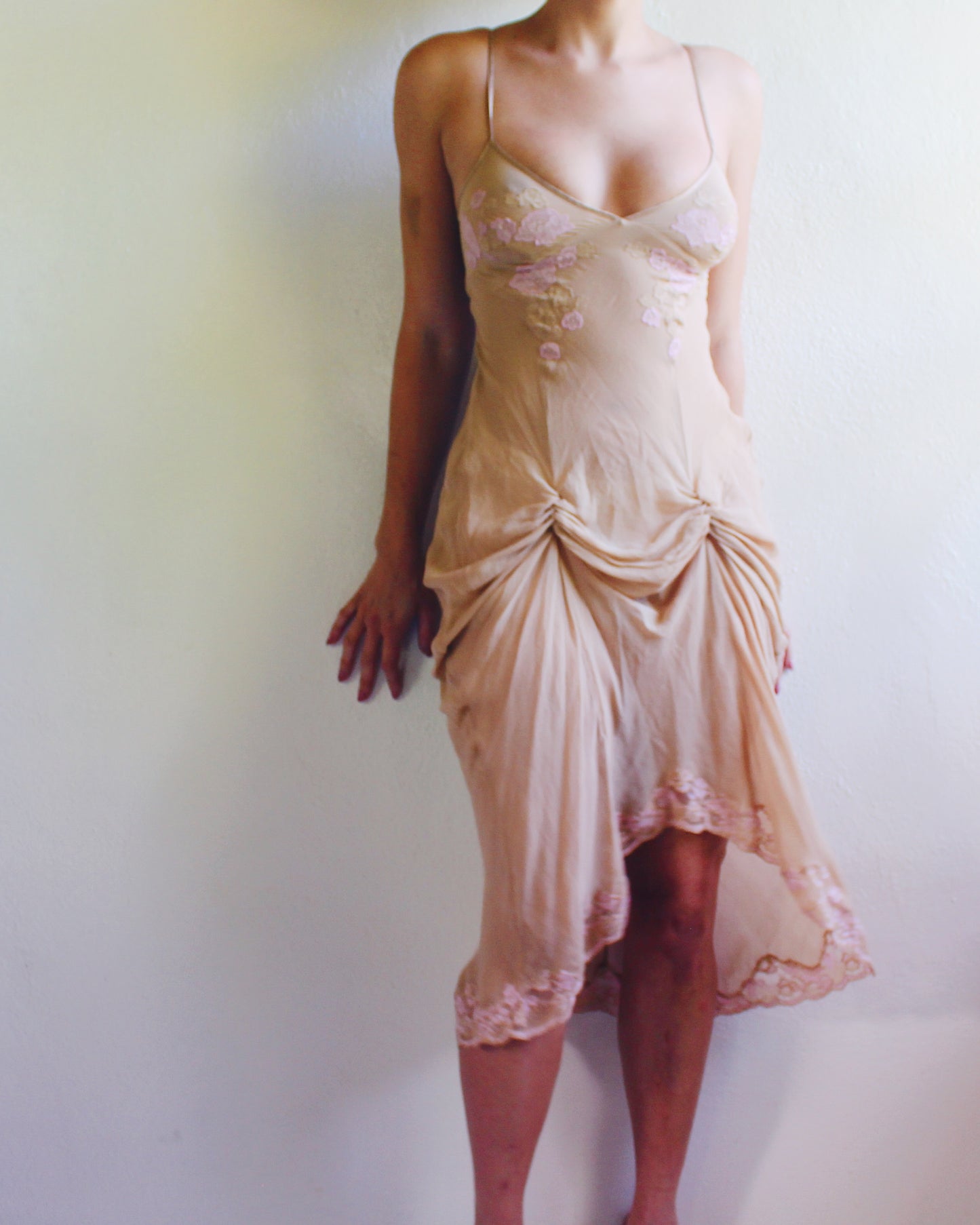 Rare Y2K Victoria’s Secret Silk Slip Dress | Sheer Nude with Pink Lace Roses | Brittany Murphy Uptown Girls | Coquette 2000s Lingerie