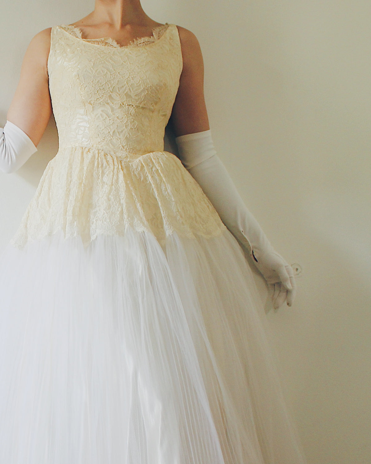 Vintage Ethereal Coquette Lace Midi Wedding Dress, Sleeveless Drop Waist, Cream Lace Bodice, Flared Micro Pleated Mesh Skirt