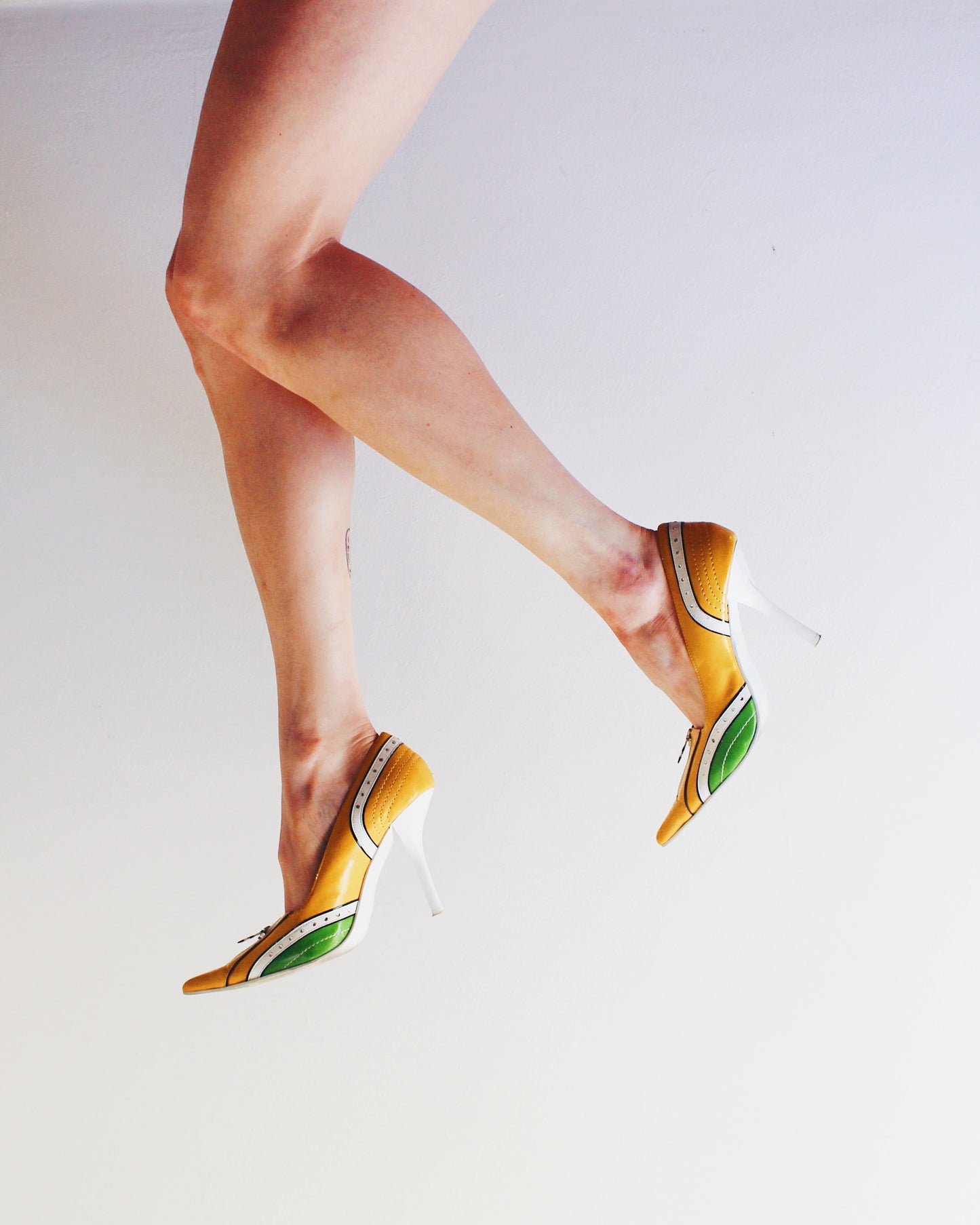 Vintage Y2K Yellow Green Stiletto Heels | Rhinestones & Mock Zipper | Sporty Statement Pointed Toe Pumps