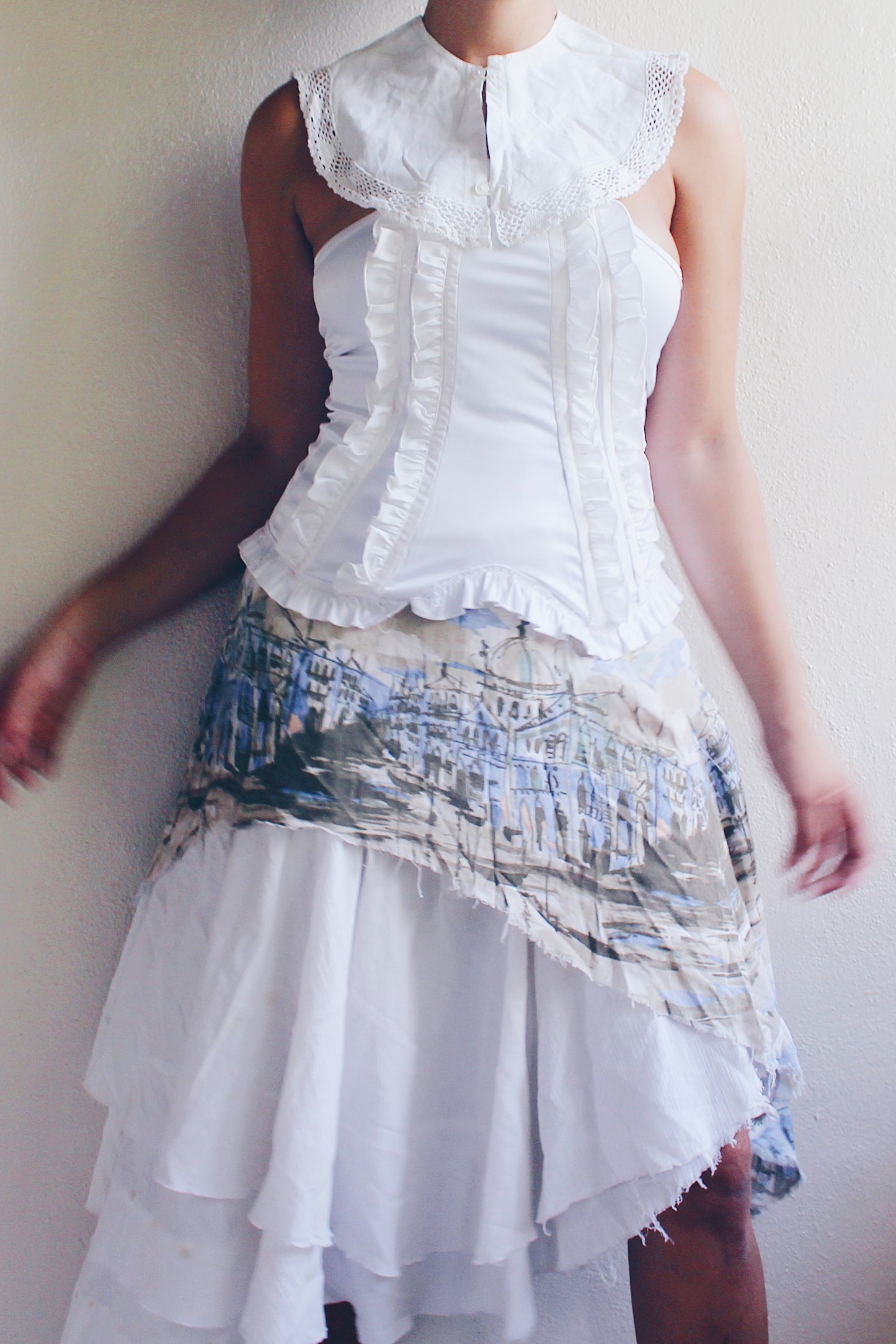 white boned ruffle corset / hourglass elastic lined cottagecore bustier / vintage lingerie