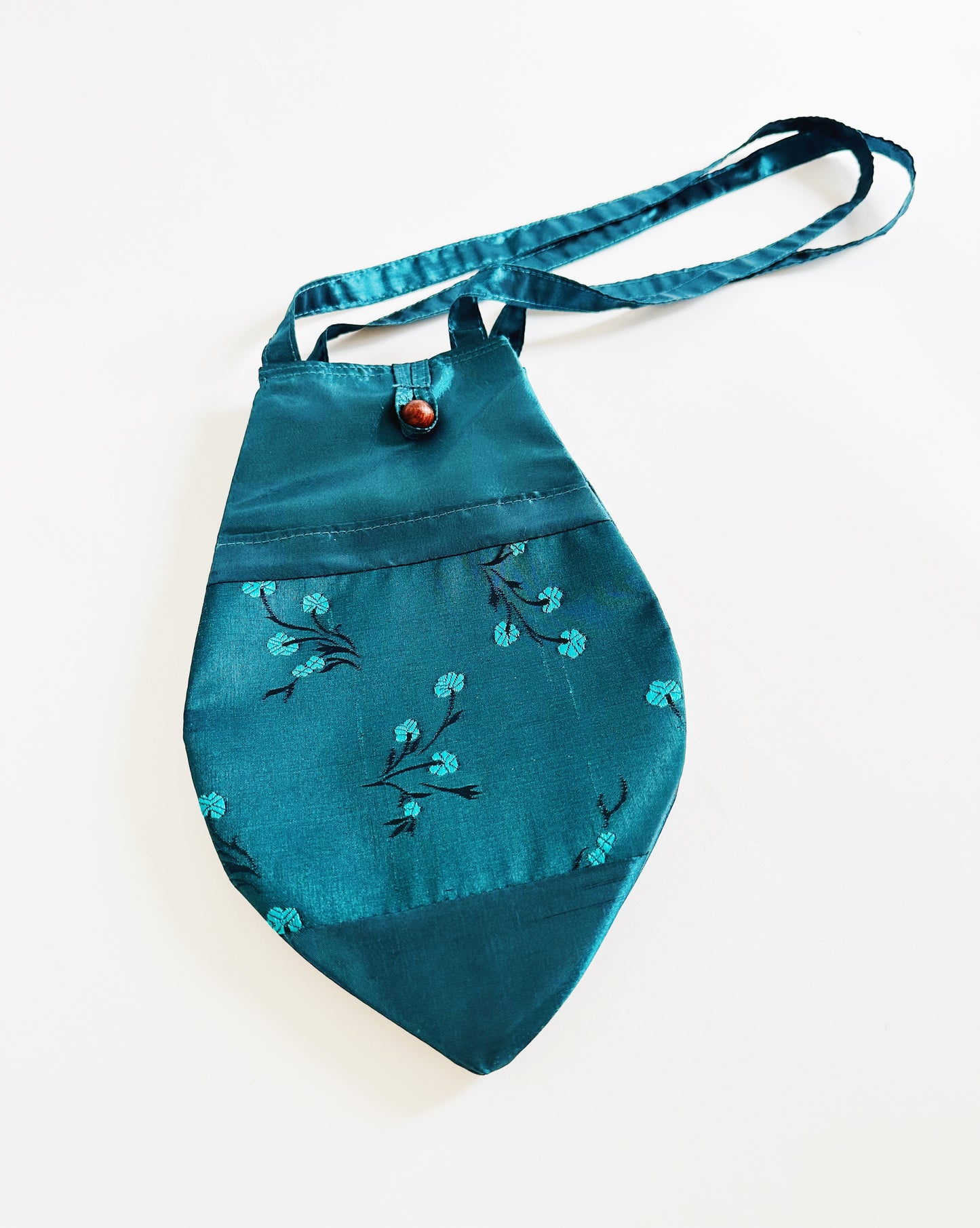 Teal Geometric Teardrop Purse – East Asian Botanical Print Statement Bag
