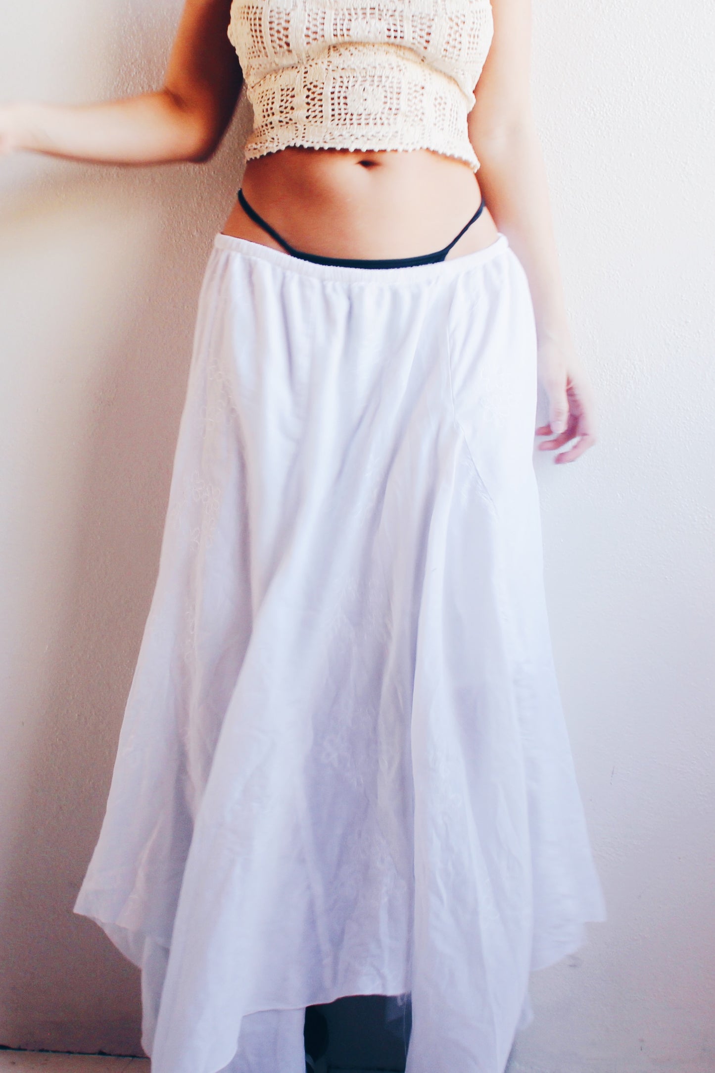 Y2K Boho Bliss: White Cotton Layered Embroidered Maxi Skirt for Summer Serenity