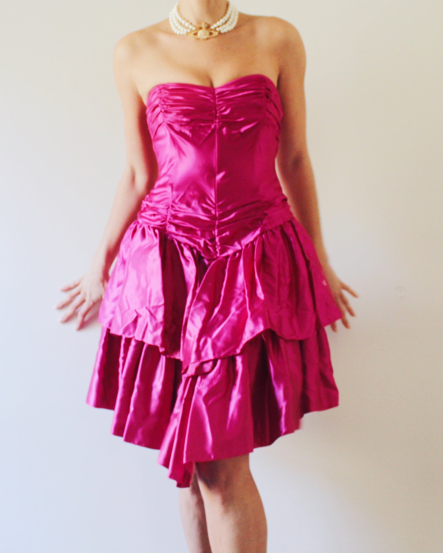 Vintage 1980s Bright Pink Mini Dress – Sleek Formal Cocktail Dress with 80s Statement Style Vintage 1960s Coquette Pink Tiered Tulle Gown