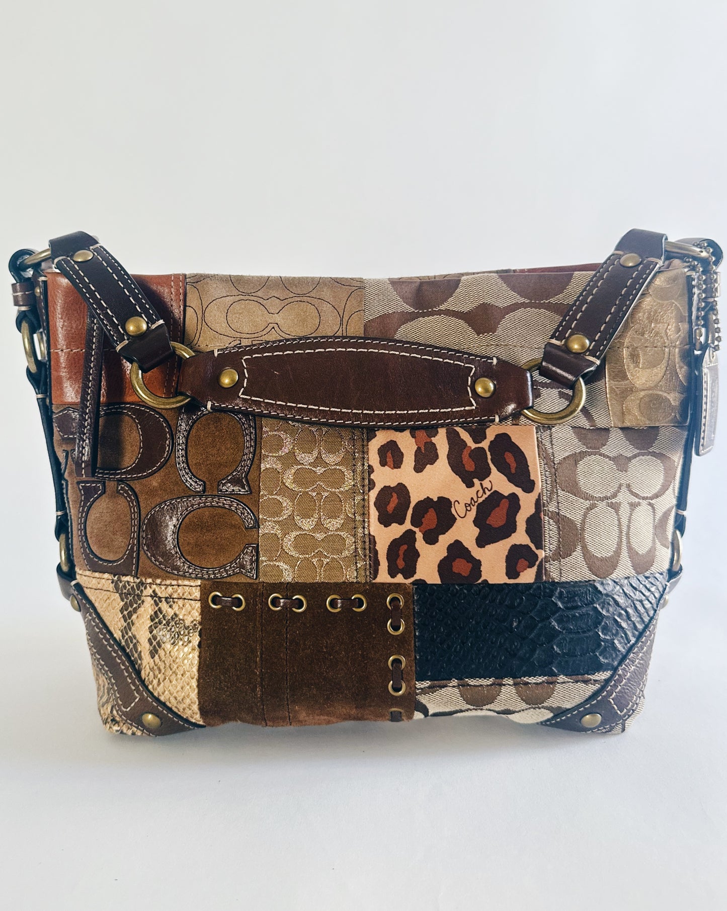 Vintage Y2K Coach Brown Animal Print Patchwork Leather Purse – Legacy Carly Coach, Designer Statement Bag in Pristine Condition