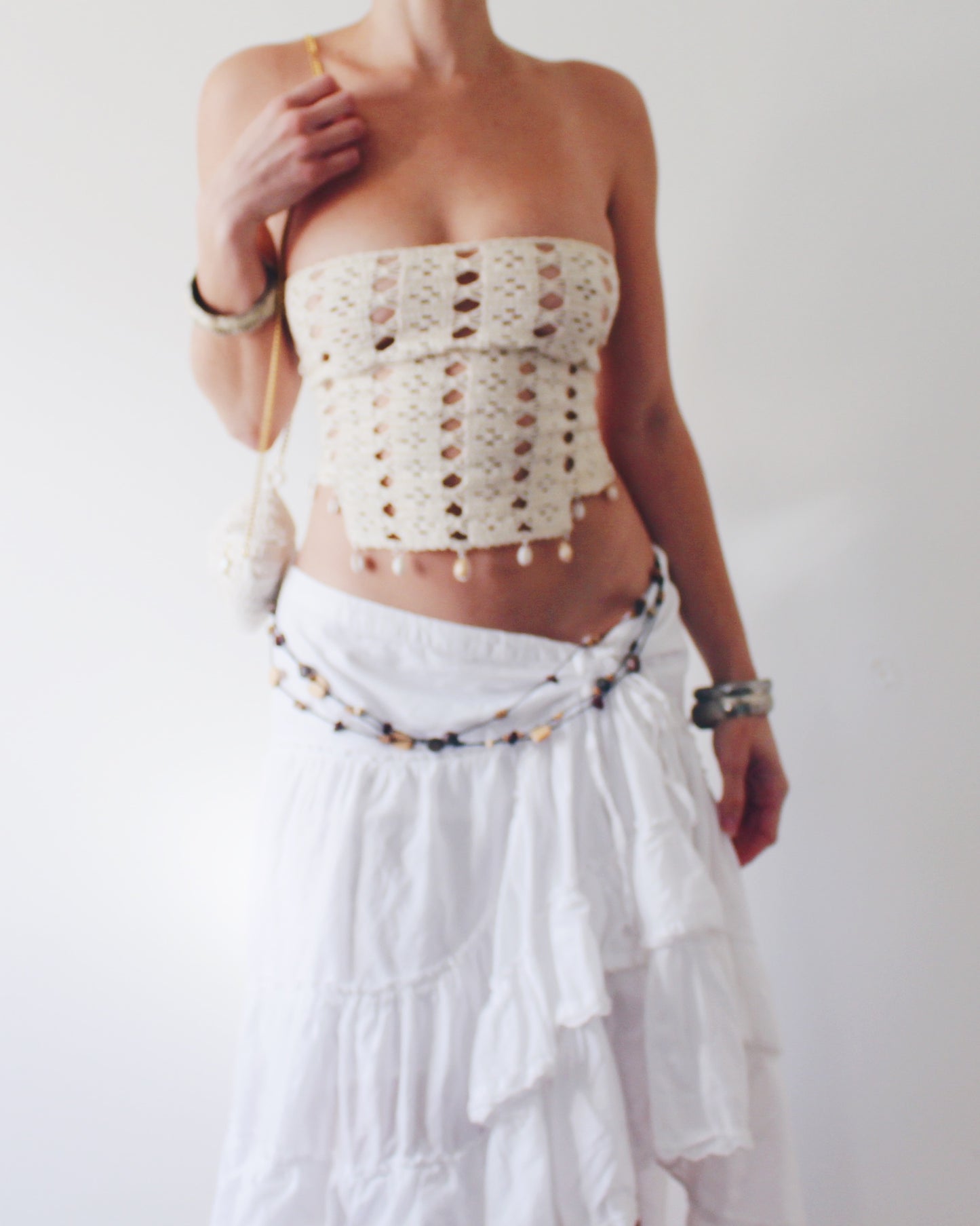 Handmade Crochet Doily Top with Cowrie Shells – Upcycled Boho Beach Sleeveless Crop, Mermaidcore Layering Piece