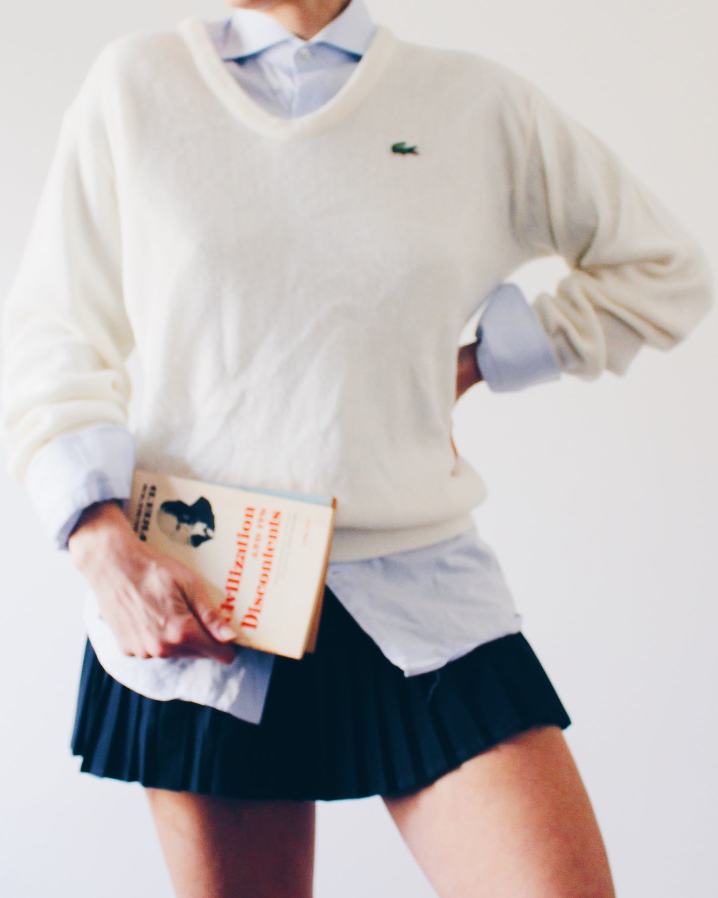Vintage Izod Lacoste Ivory V Neck Sweater - 1980s Academic Knit Long Sleeve With  Logo Preppy Layering