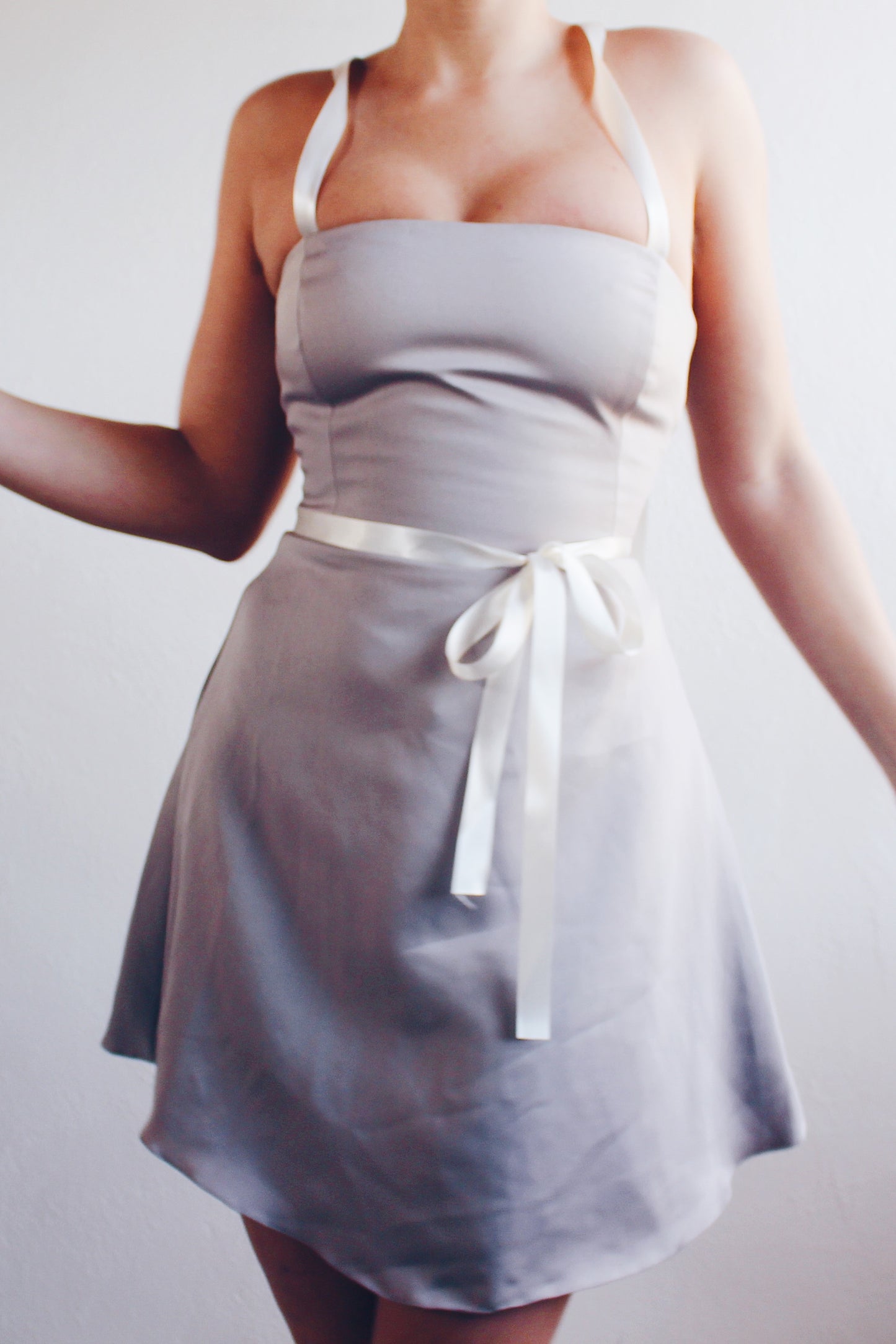 Vintage Chic Khaki-Grey Mini Dress - Form-Flattering Elegance with Upcycled Ribbon Details