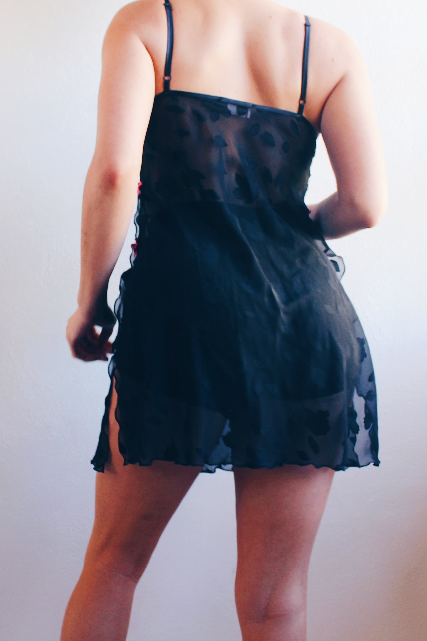 Vintage Romance: Black Sheer Babydoll Slip with Ribbon Bows