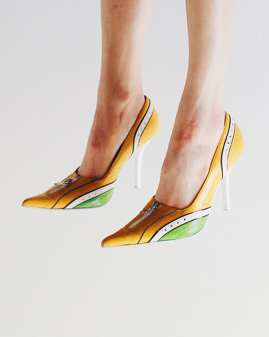 Vintage Y2K Yellow Green Stiletto Heels | Rhinestones & Mock Zipper | Sporty Statement Pointed Toe Pumps
