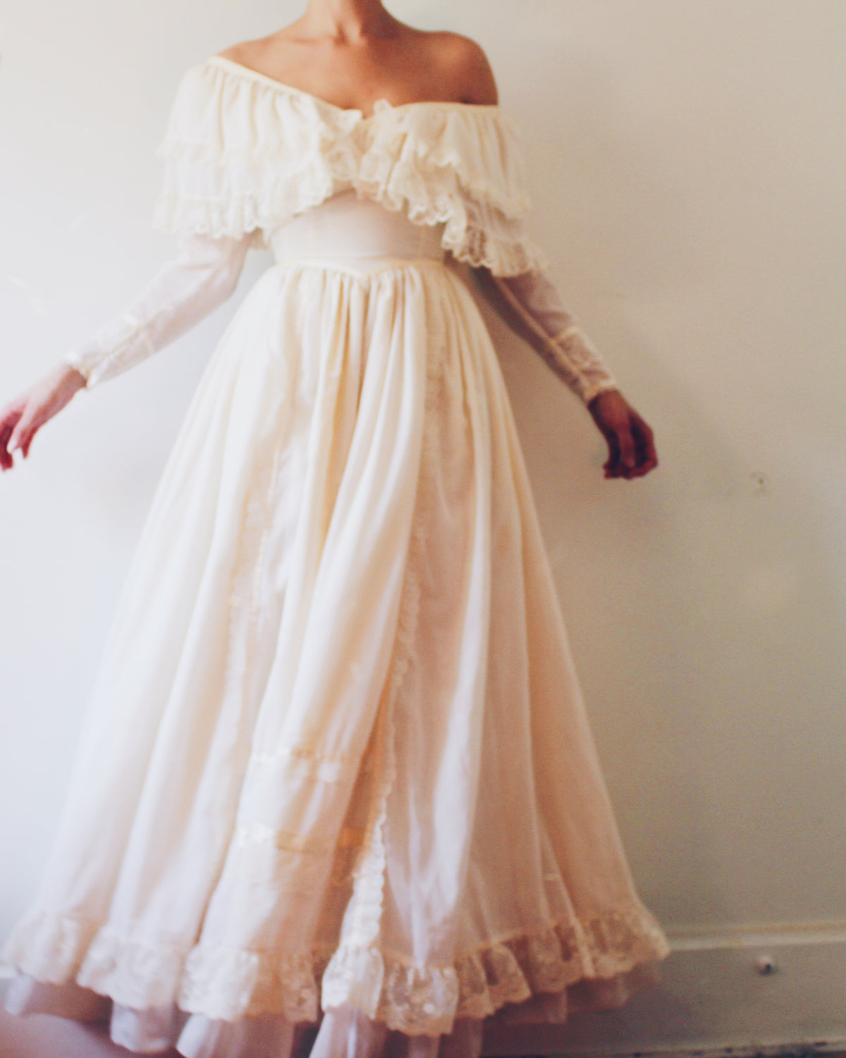 Vintage 70s Gunne Sax Cream Lace Wedding Dress, Layered Bertha Collar, Romantic Renaissance Gown, Soft Goth Bridal Victorian Edwardian
