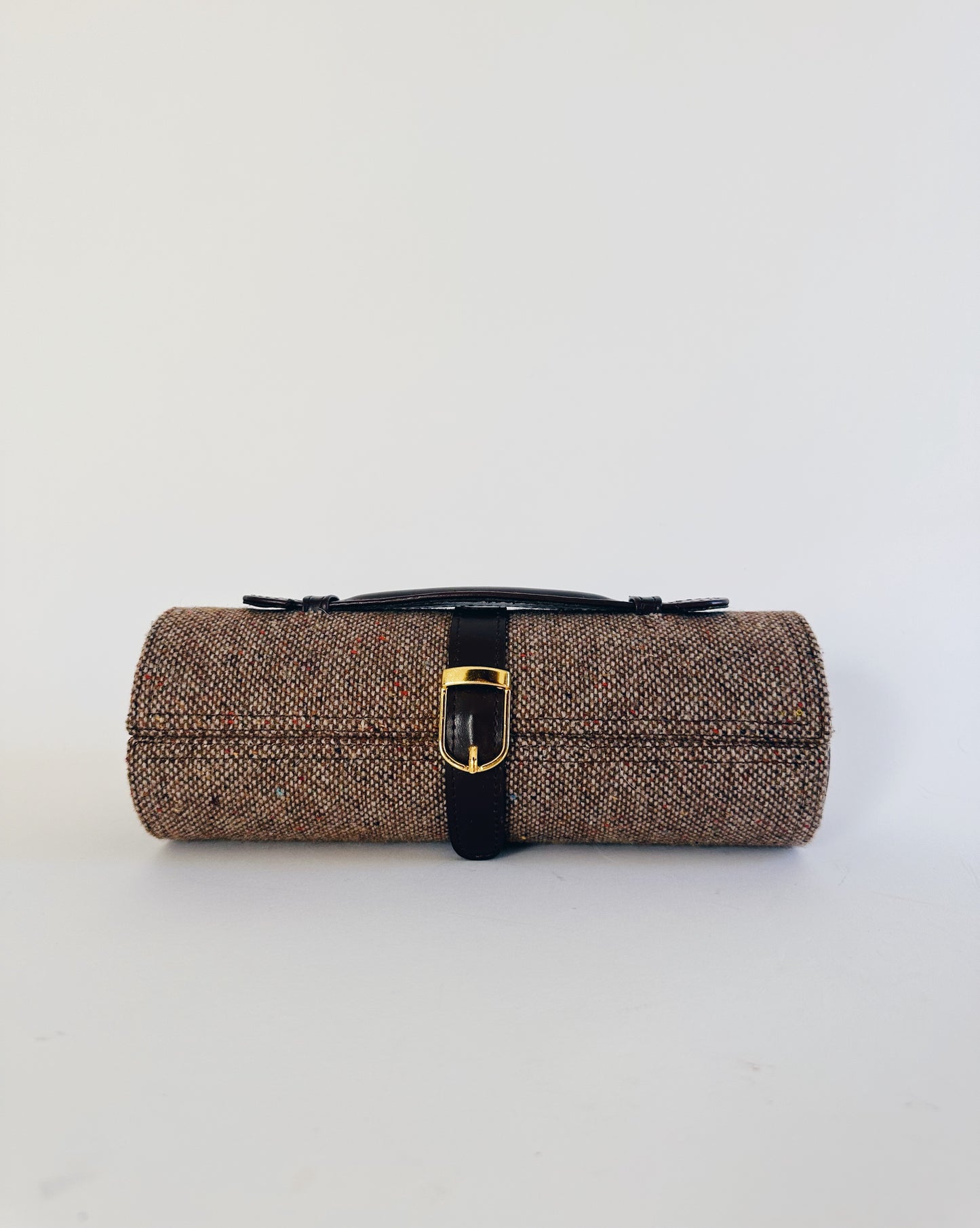 Vintage Brown Tweed Jewelry Travel Case – Mini Train Case Style Organizer | Vanity Storage Bag