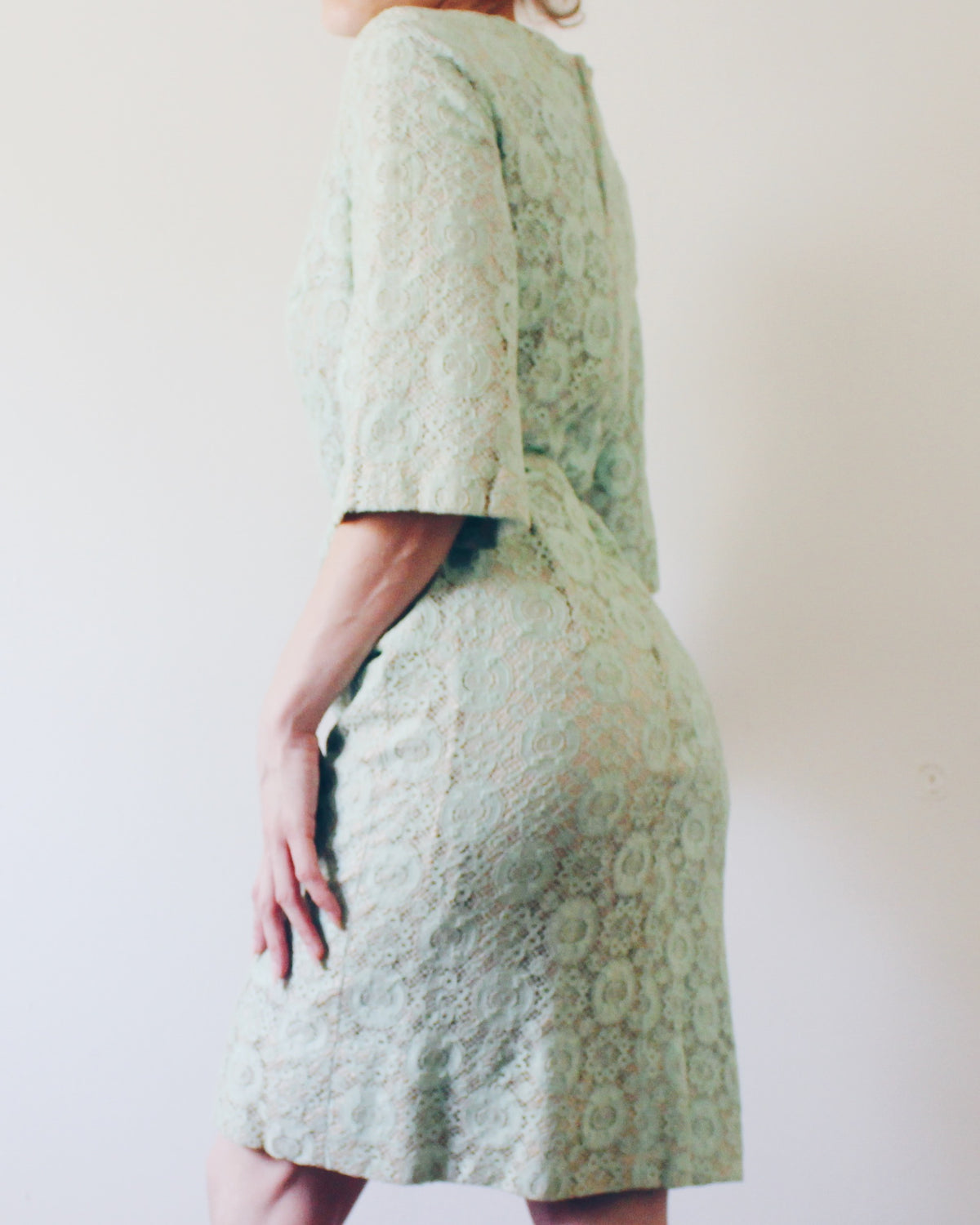 Vintage Blakely Fashions Mint Green Lace Dress S | Handmade 60s Mod Shift Dress with Belt | Retro Coquette Bracelet Sleeve Cocktail