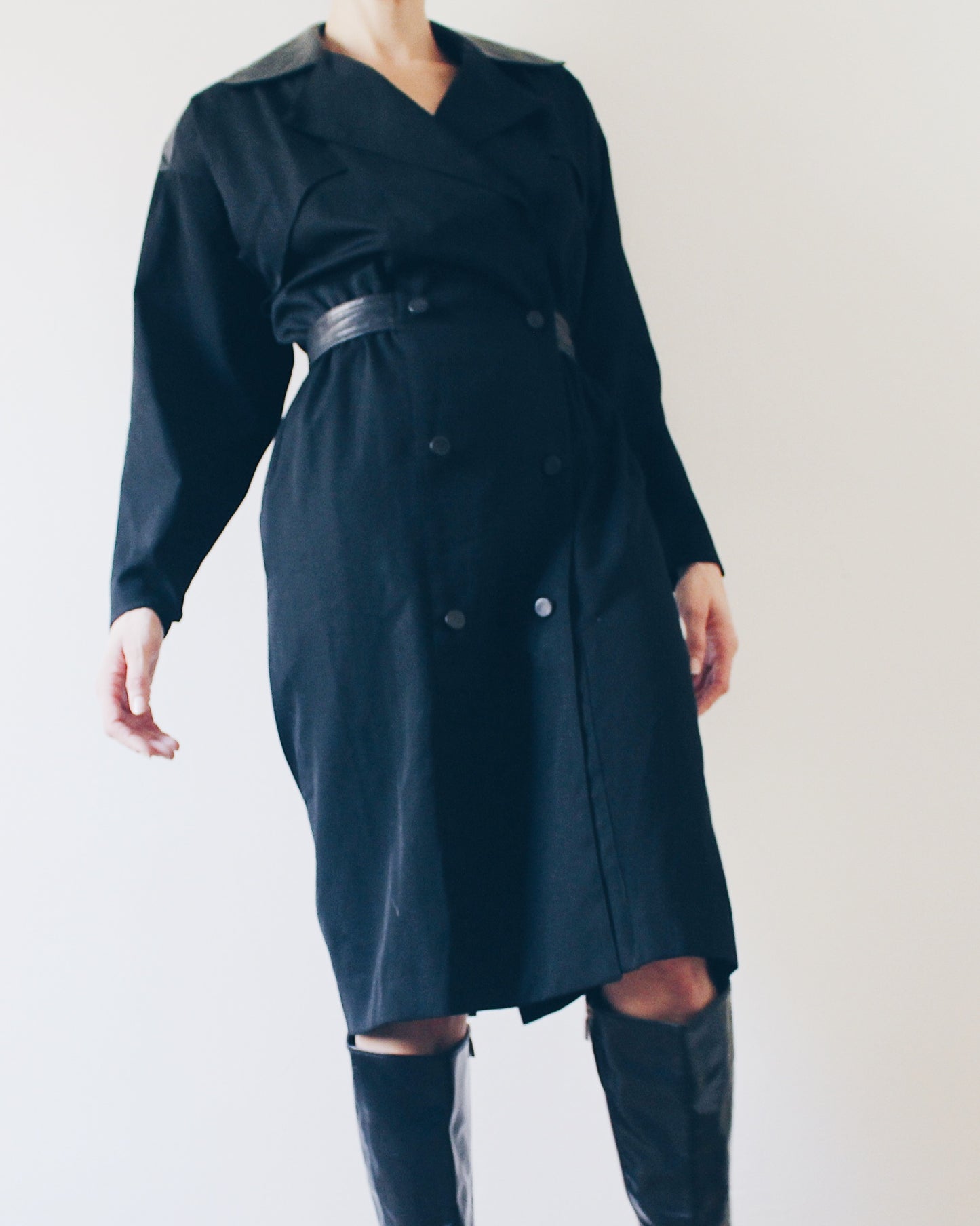 Vintage Rickie Freeman for Terijon Black Wool Trench Coat – 90s Leather Patch & Tie Waist, Minimalist Outerwear