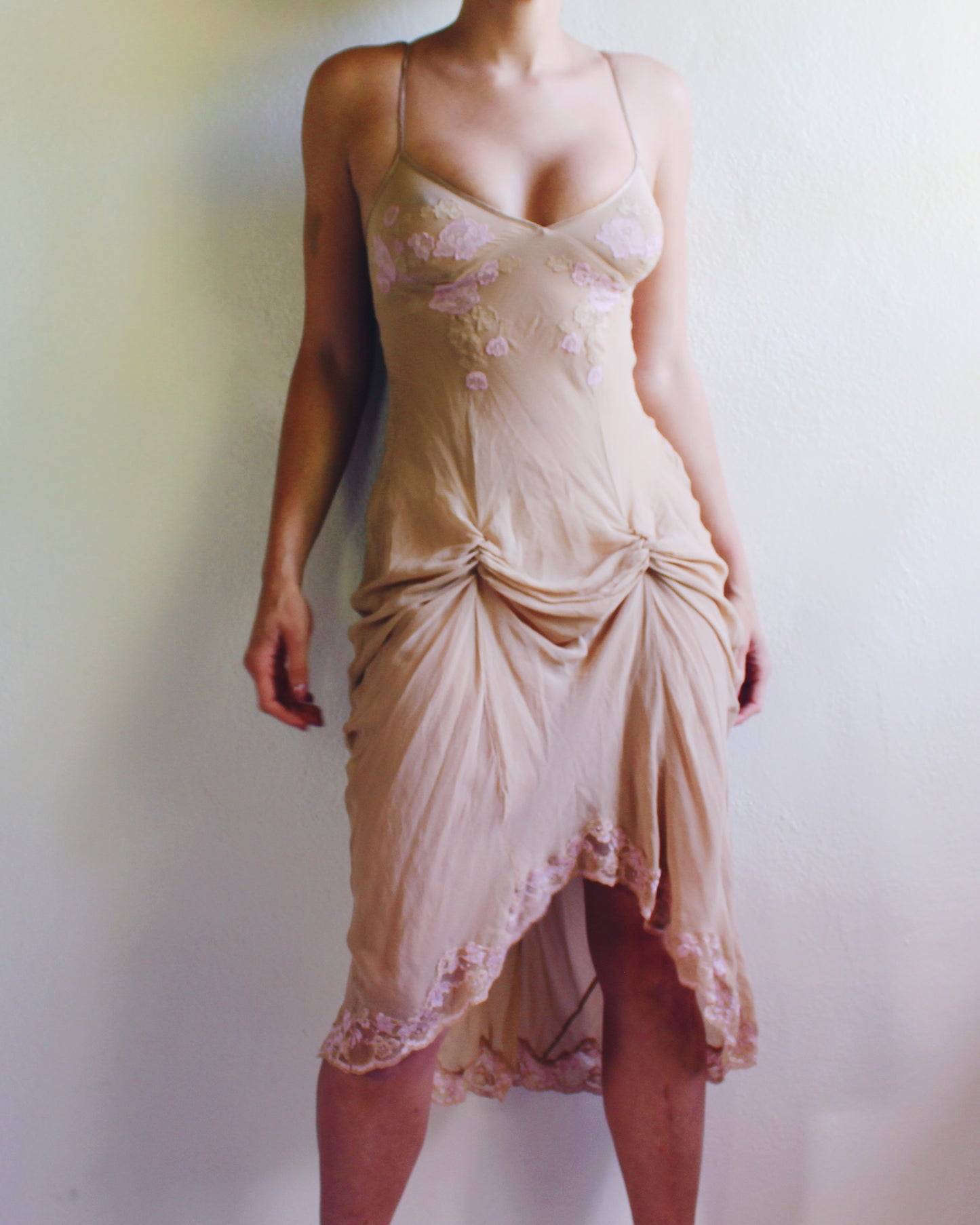 Rare Y2K Victoria’s Secret Silk Slip Dress | Sheer Nude with Pink Lace Roses | Brittany Murphy Uptown Girls | Coquette 2000s Lingerie