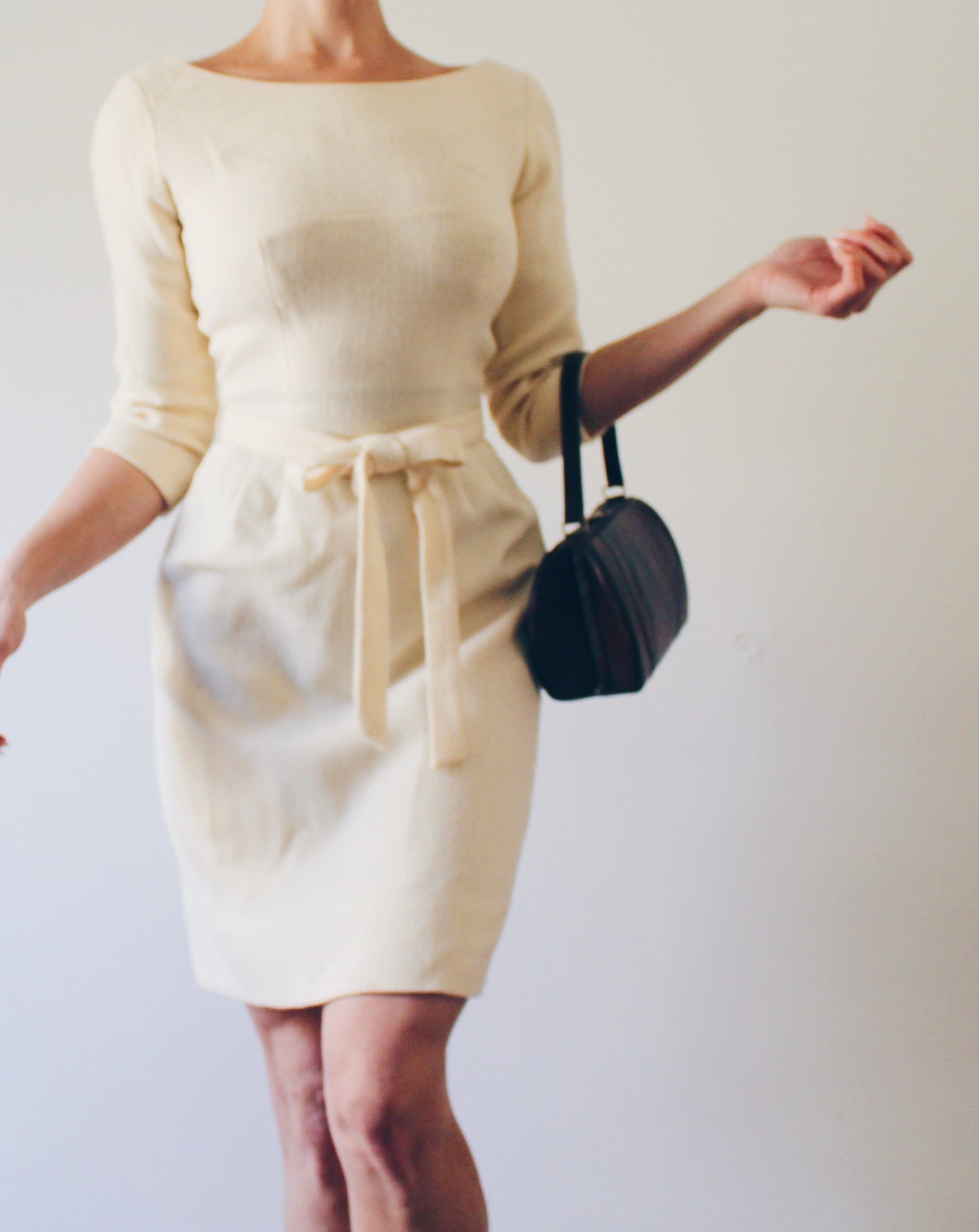 Vintage 60s Cream Wool Dress – Mod Midi with Bow Waist, ¾ Sleeves, Mad Men Style, Sophisticated Retro