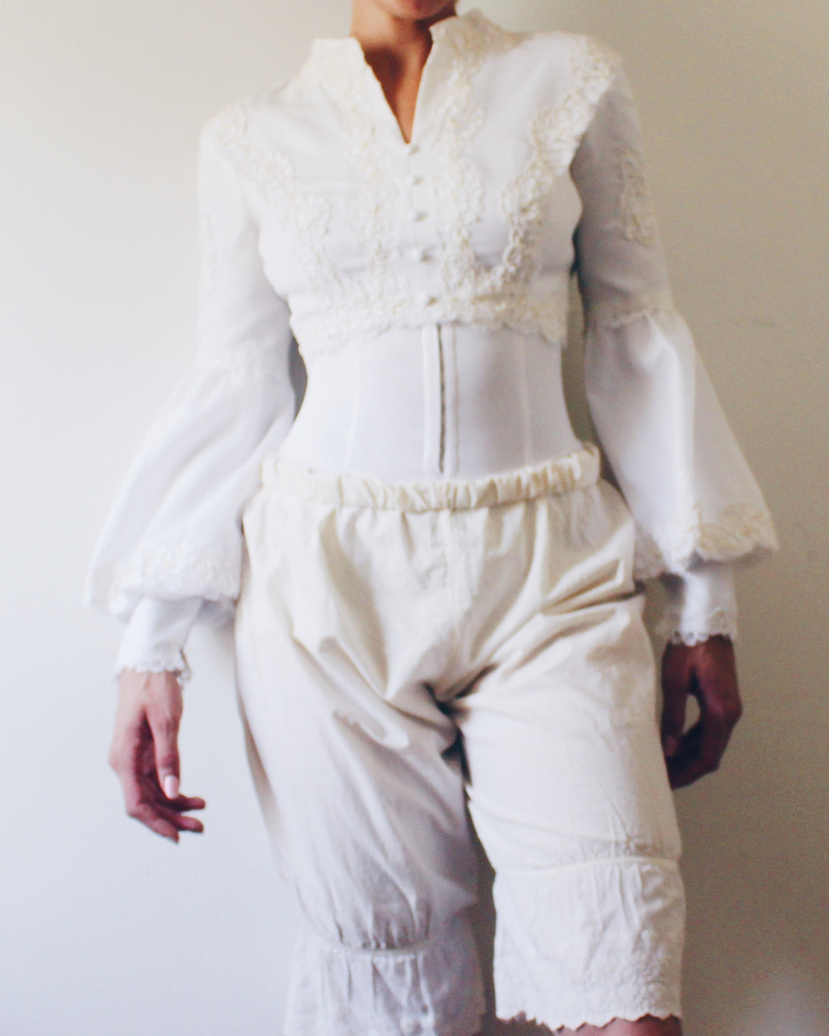 Upcycled Cropped Wedding Top, Lace Up Soft Goth Long Sleeve Blouse, Victorian Pirate Style Bell Sleeves, Made from Vintage Wedding Dress