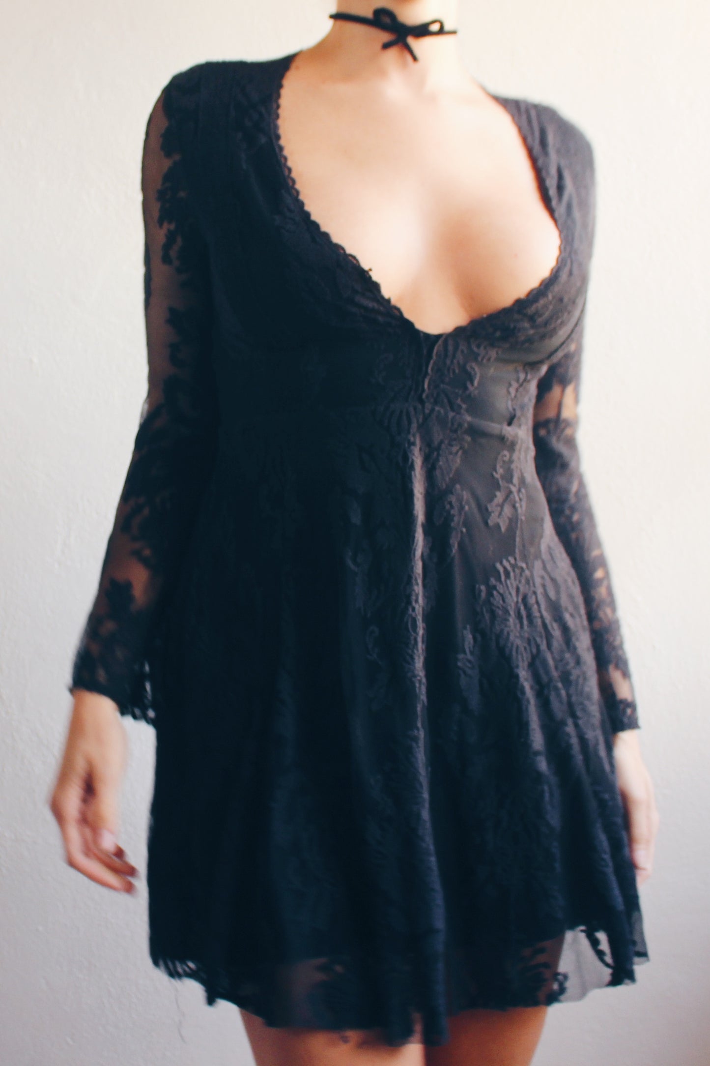 Ethereal Elegance: Vintage Black Lace Bell Sleeve Dress for Your Dark Victorian Dreams