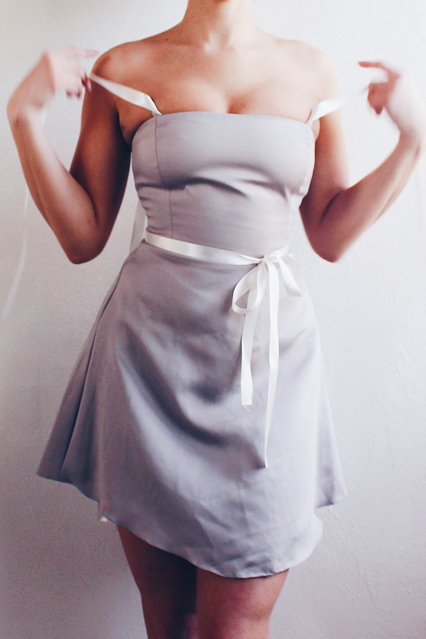 Vintage Chic Khaki-Grey Mini Dress - Form-Flattering Elegance with Upcycled Ribbon Details