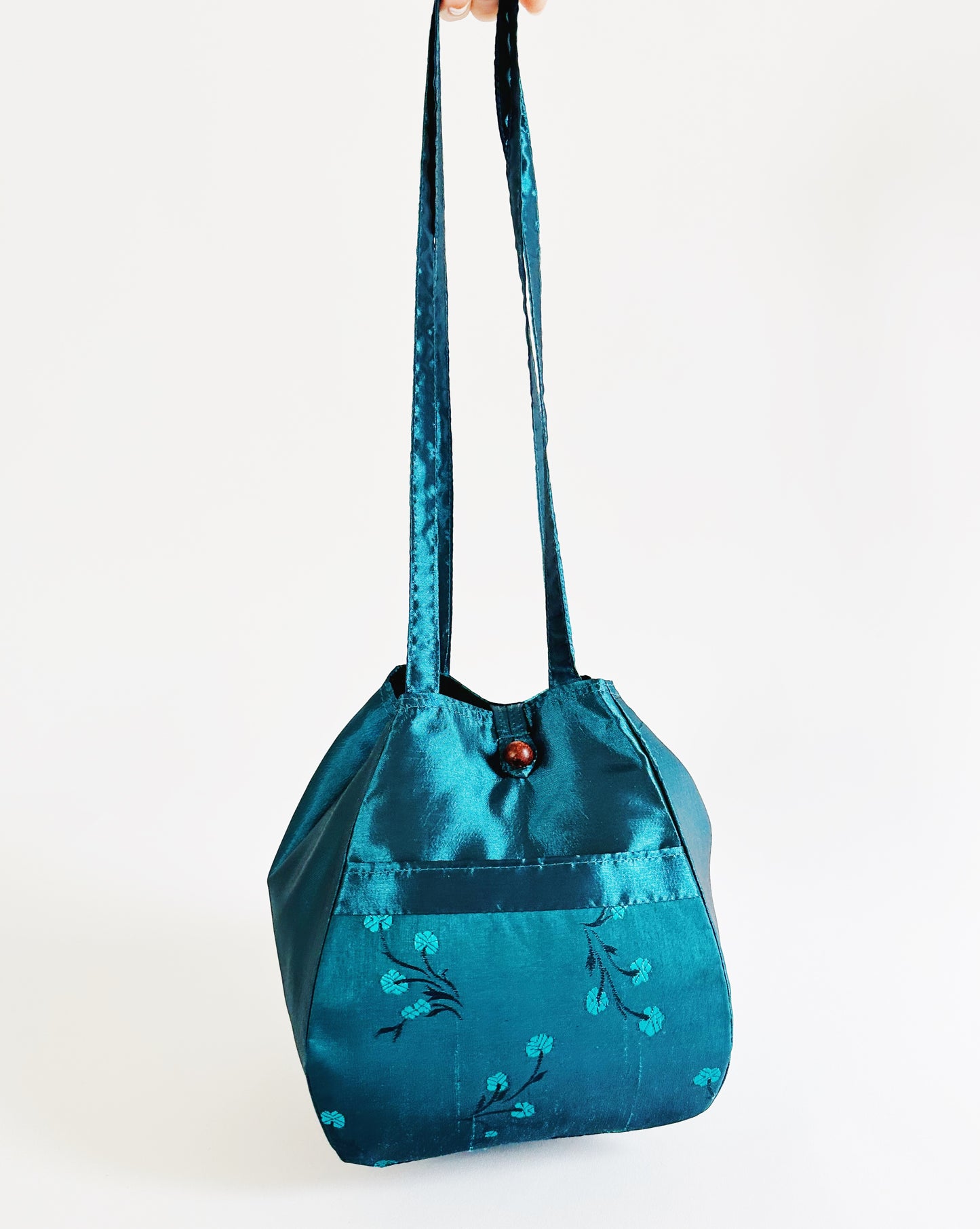 Teal Geometric Teardrop Purse – East Asian Botanical Print Statement Bag