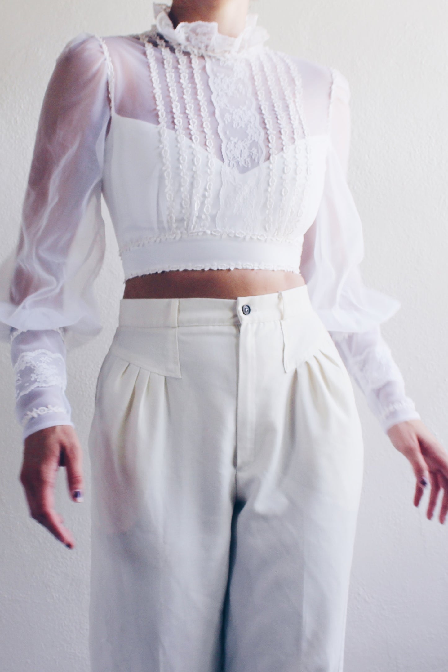 White cottagecore blouse / reworked lace up puff sleeve crop top/ Victorian high Collar Lace shirt