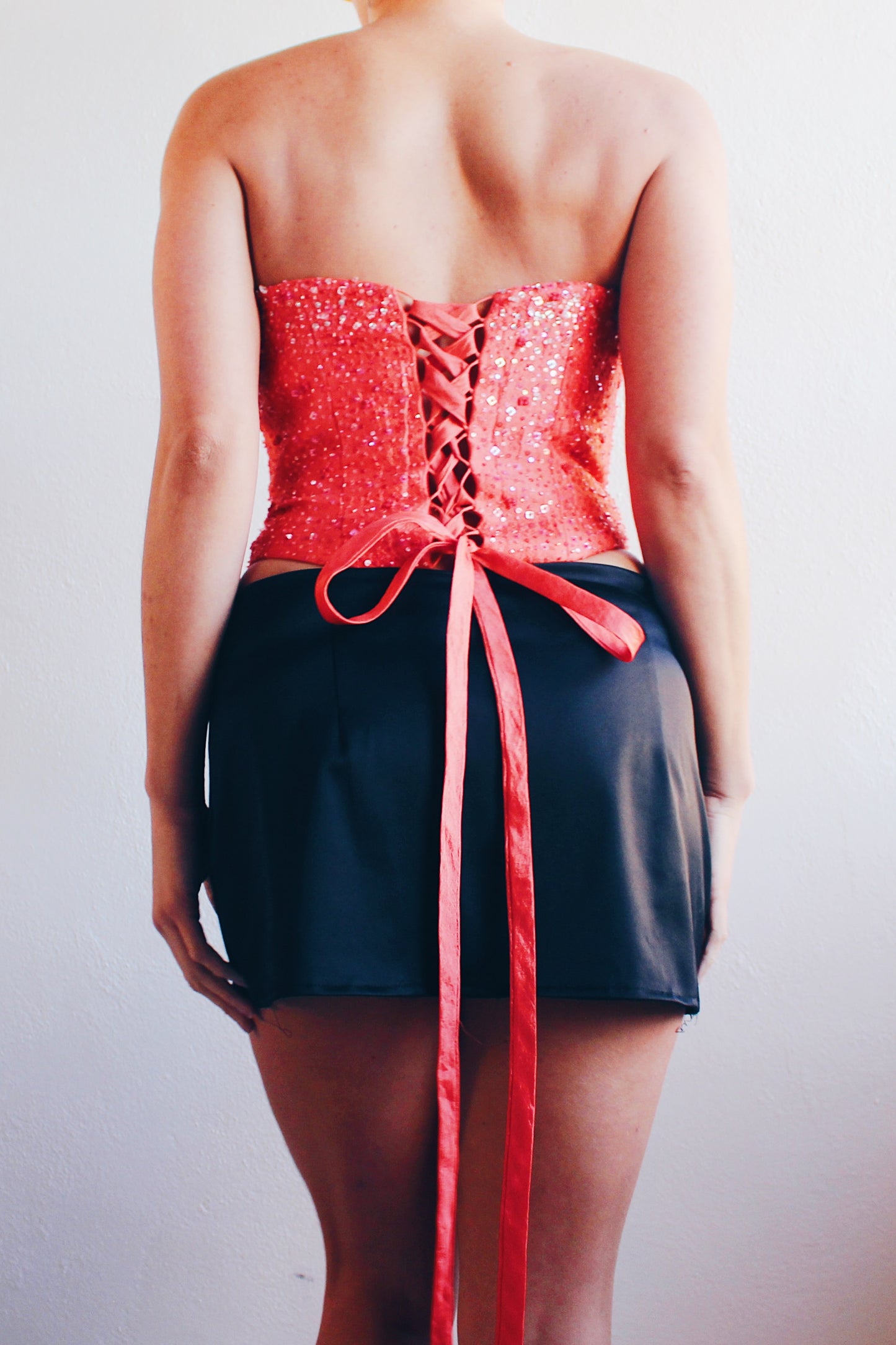 Y2K Glamour: Coral Beaded Lace-Up Formal Corset for Date Nights