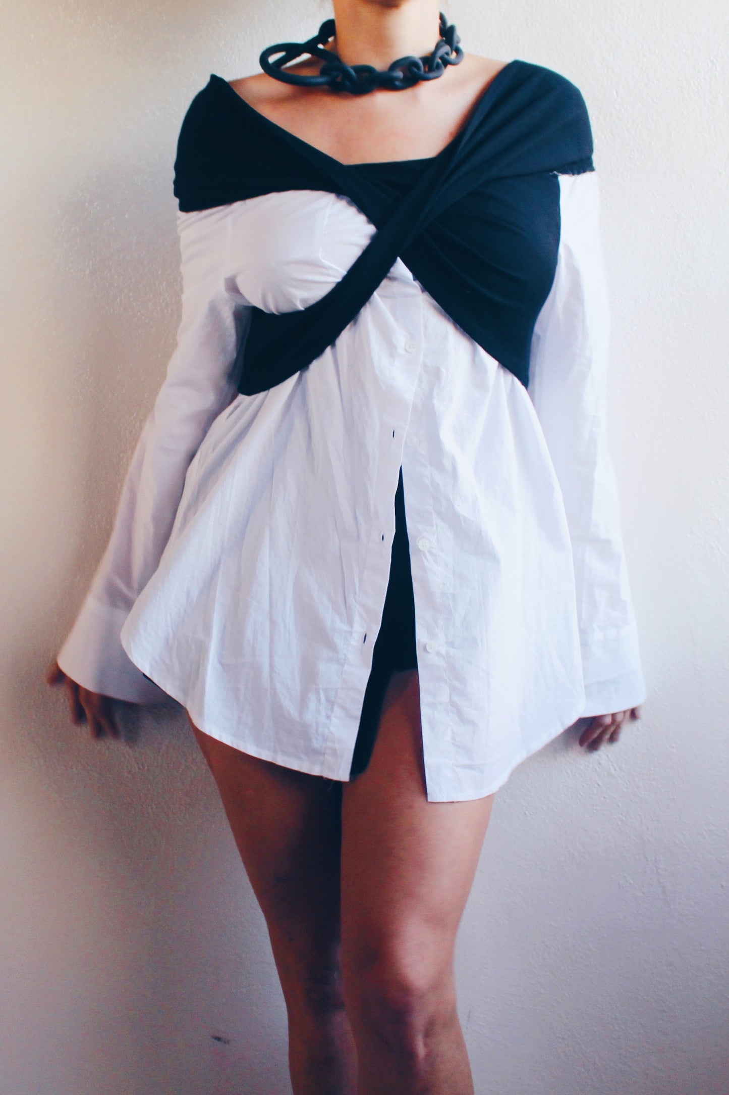 Contemporary Edge: Upcycled White Shirt Dress with Asymmetric Black Bust Wrap