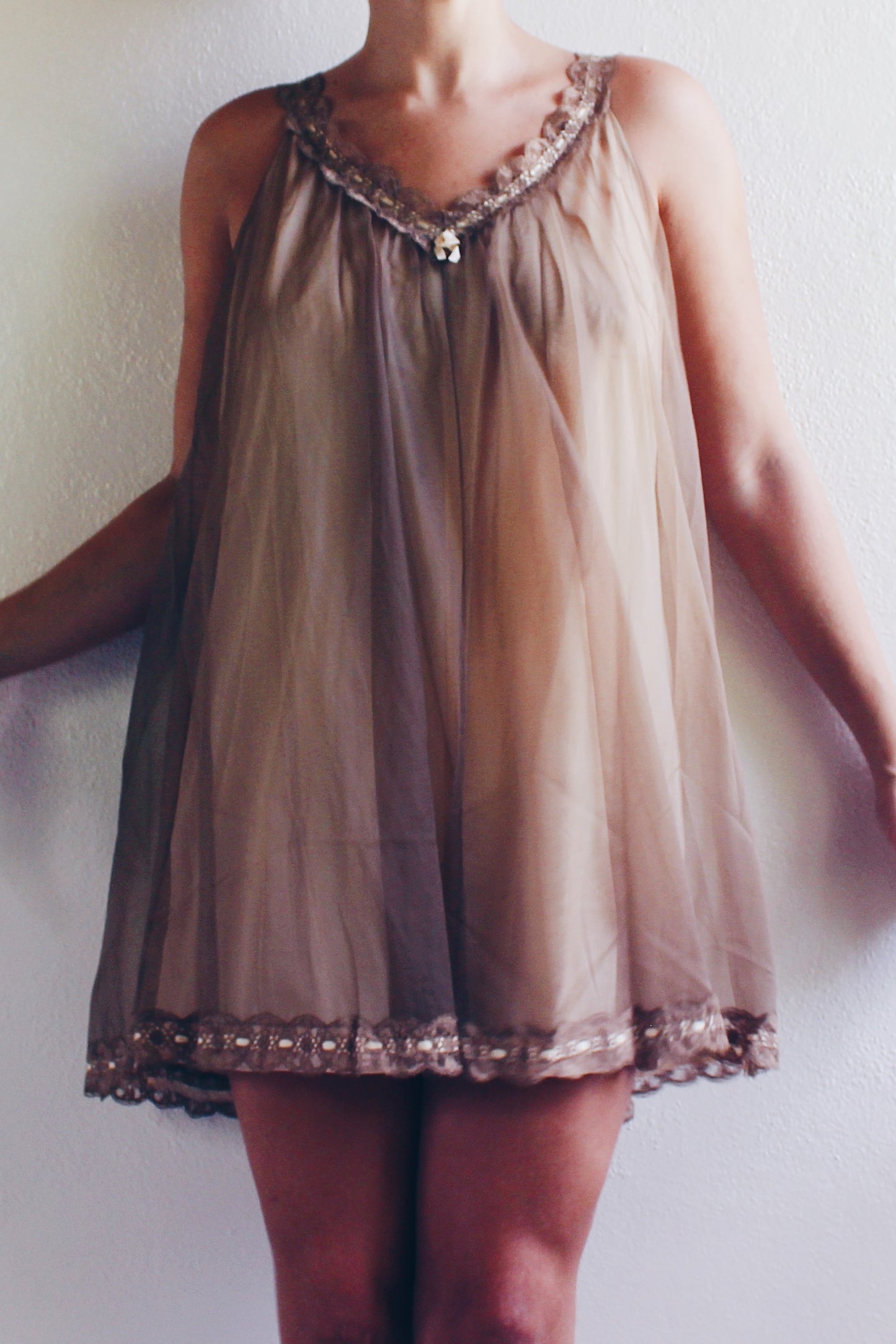 Whispering Lace Dreams: Vintage Chiffon Babydoll Slip with Layers of Romance