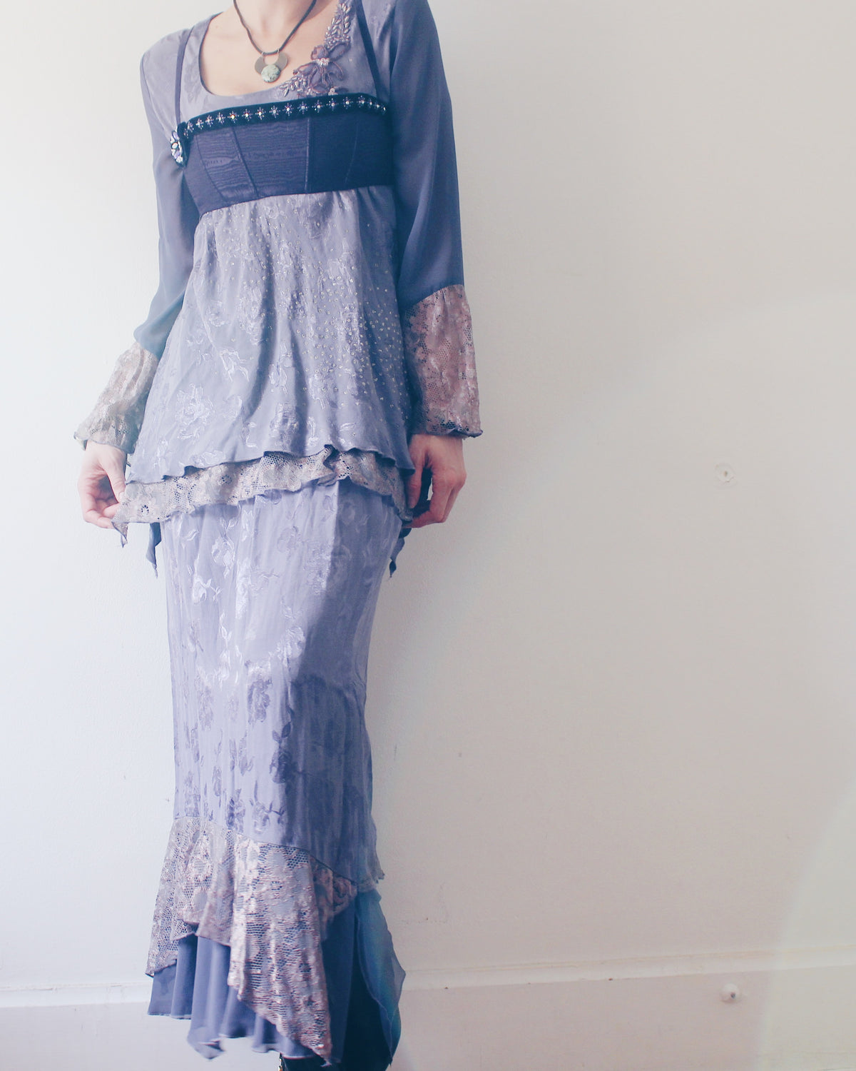 Vintage 90s Spencer Alexis Whimsygoth Two Piece Set, Dusty Purple Lilac Layered Midi Skirt and Embroidered Ruffle Sleeve Top