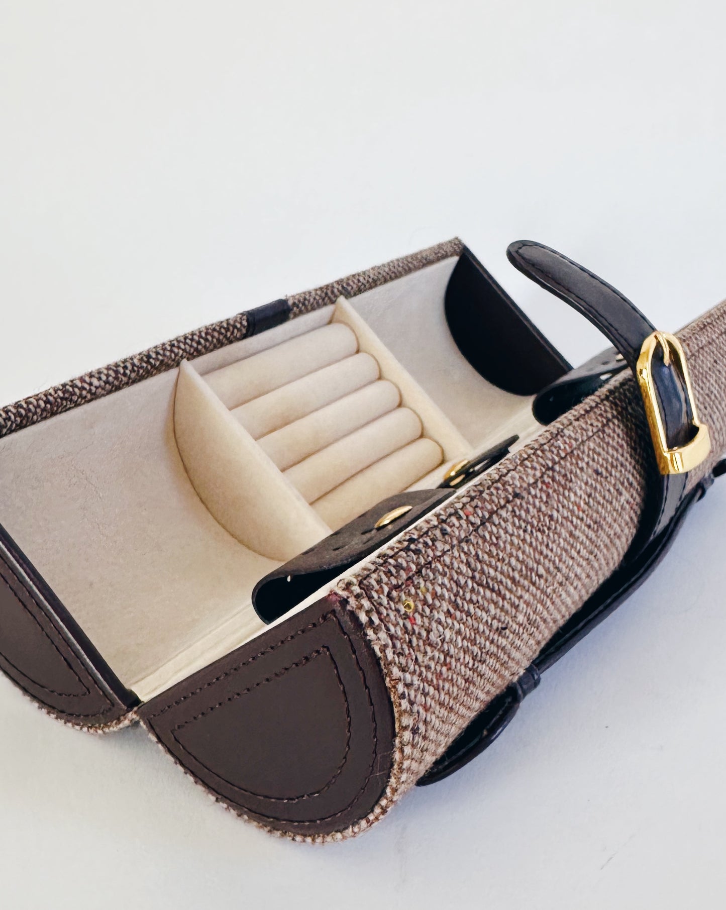 Vintage Brown Tweed Jewelry Travel Case – Mini Train Case Style Organizer | Vanity Storage Bag