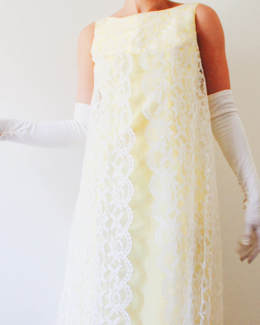 Vintage 1960s Yellow Lace Maxi Dress | Handmade Coquette Bow Back | Flowing Lace Overlay Cottagecore Sunshine Summer Dress