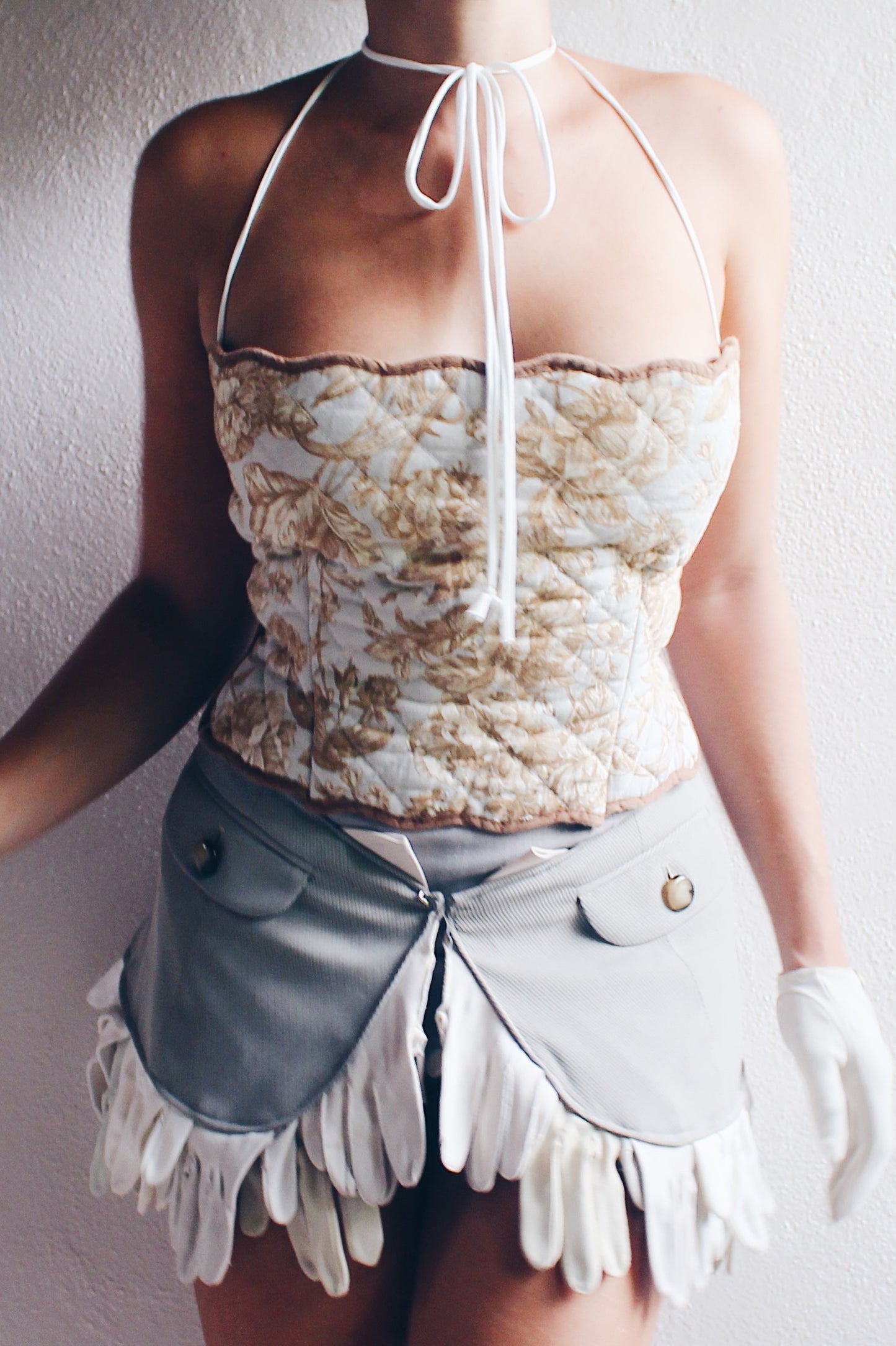 Upcycled quilted crop top / reworked vintage Placemat Tank / light blue cotton corset bib