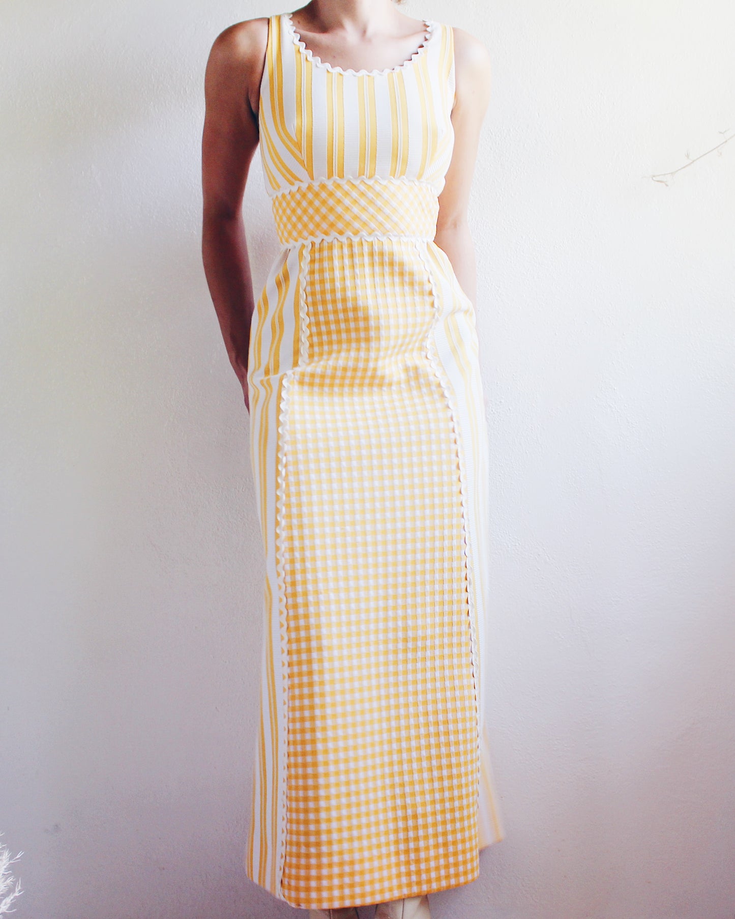 Vintage 1970s Ruth Norman Yellow and White Checked & Striped Long Dress - Americana Coquette Style | Perfect for Summer parties