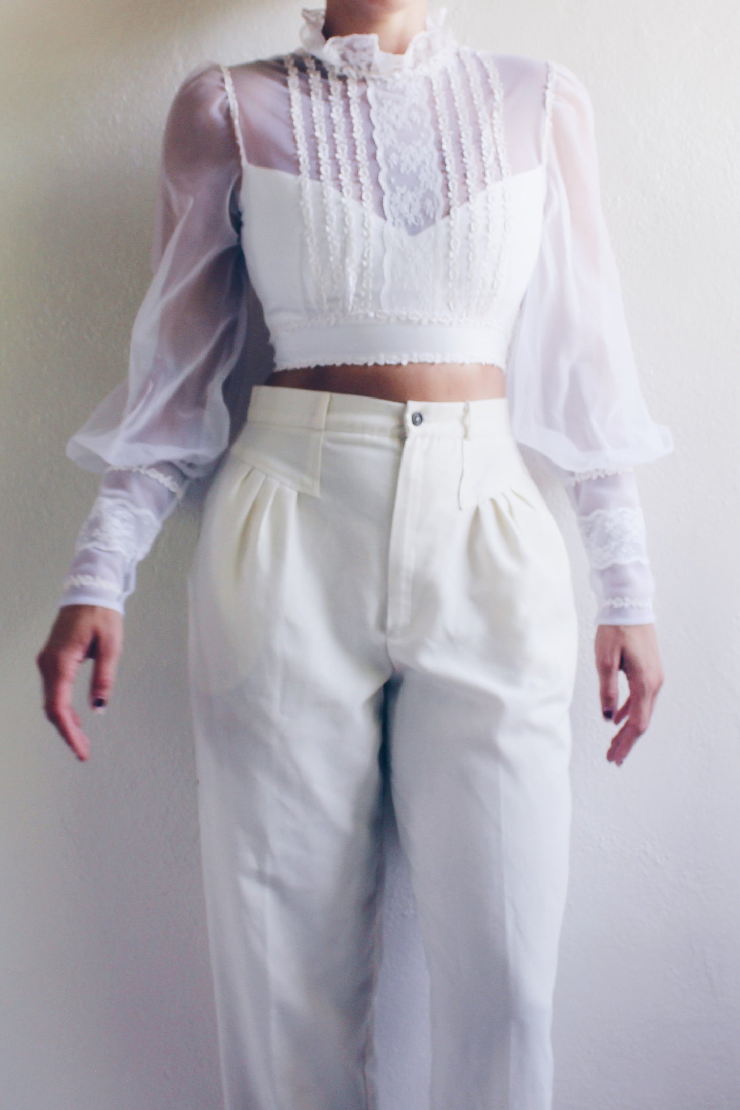 White cottagecore blouse / reworked lace up puff sleeve crop top/ Victorian high Collar Lace shirt