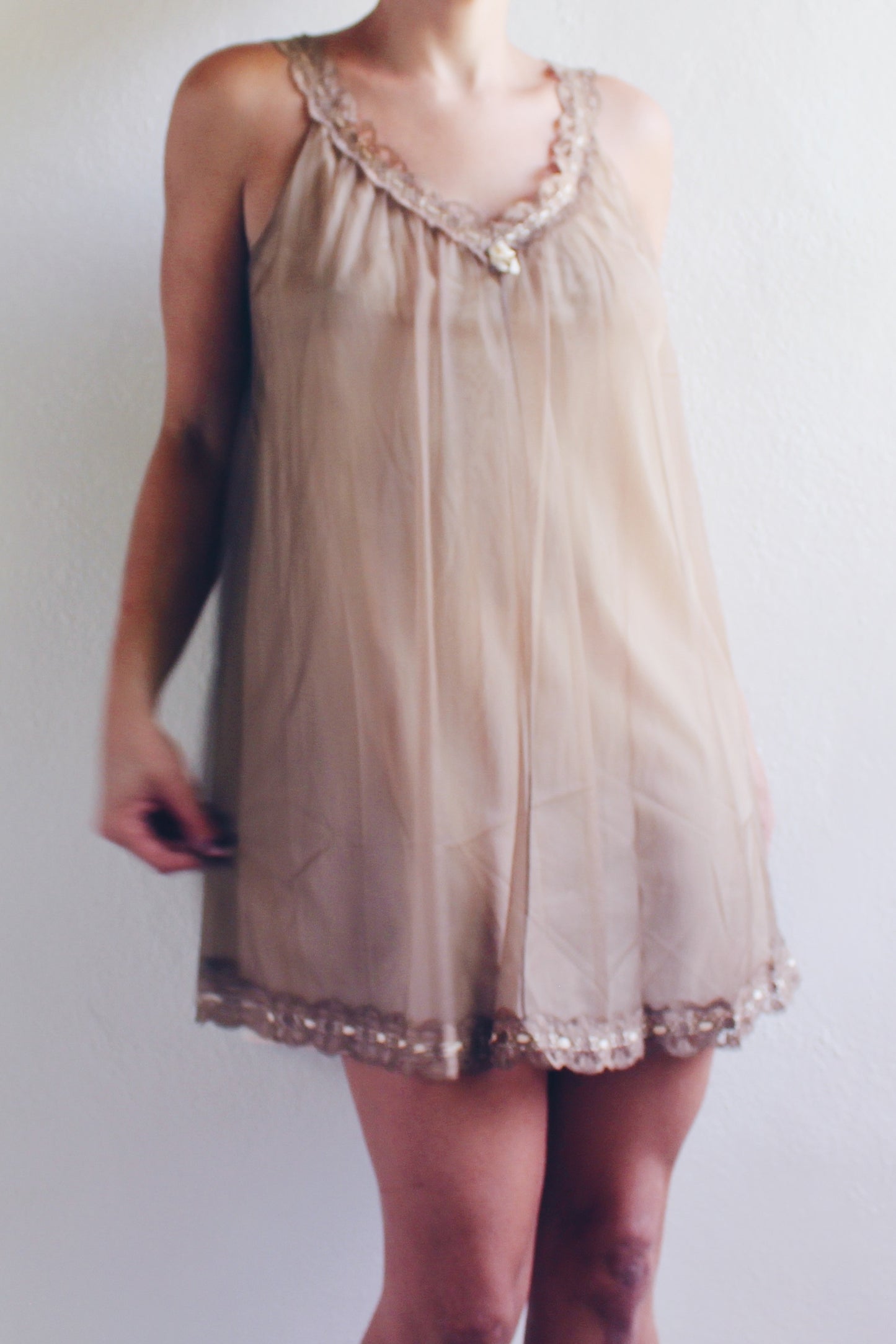 Whispering Lace Dreams: Vintage Chiffon Babydoll Slip with Layers of Romance