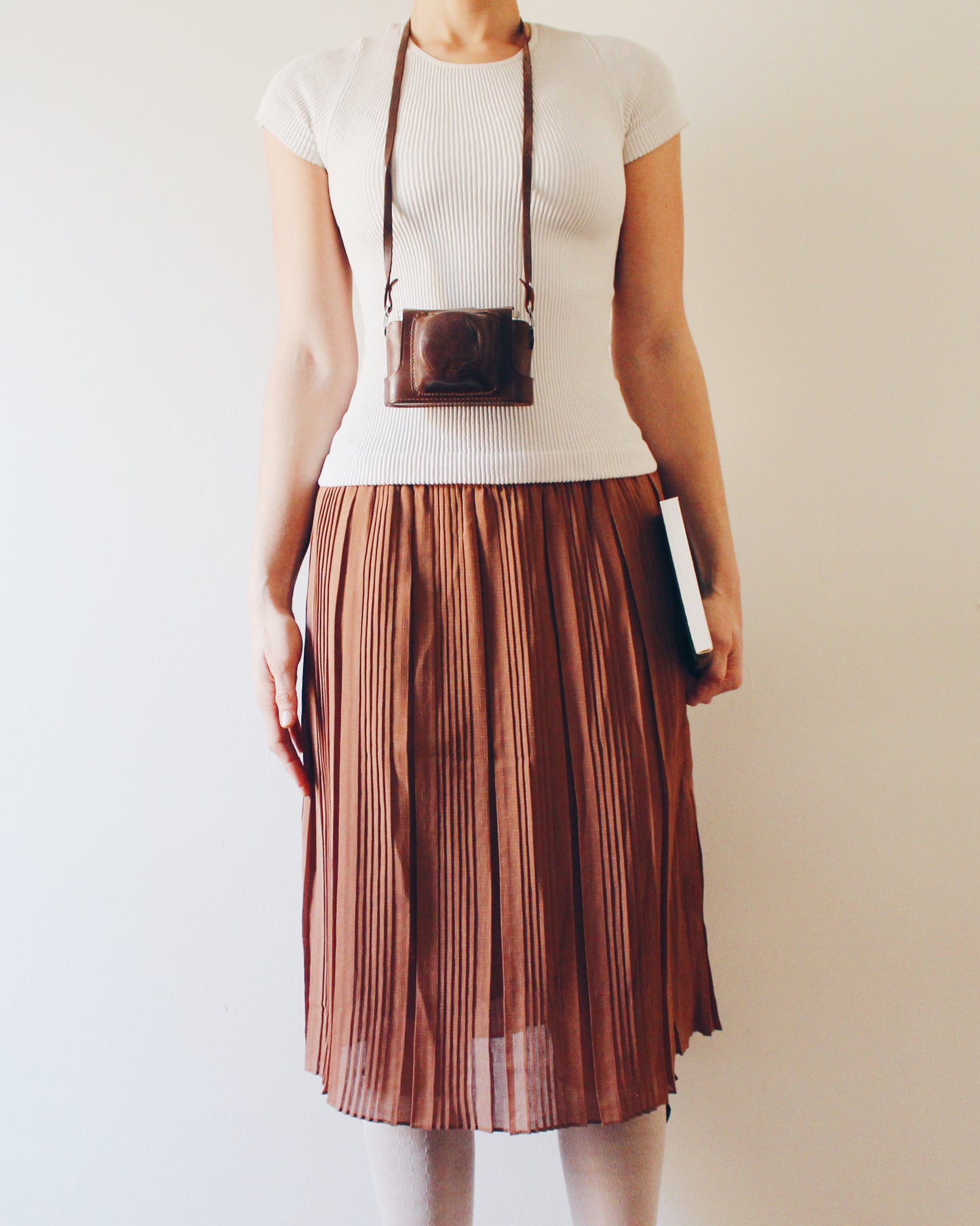 Vintage 1980s Brown Pleated Midi Skirt – Sheer Lightweight Layering Skirt, Retro Earth Tone
