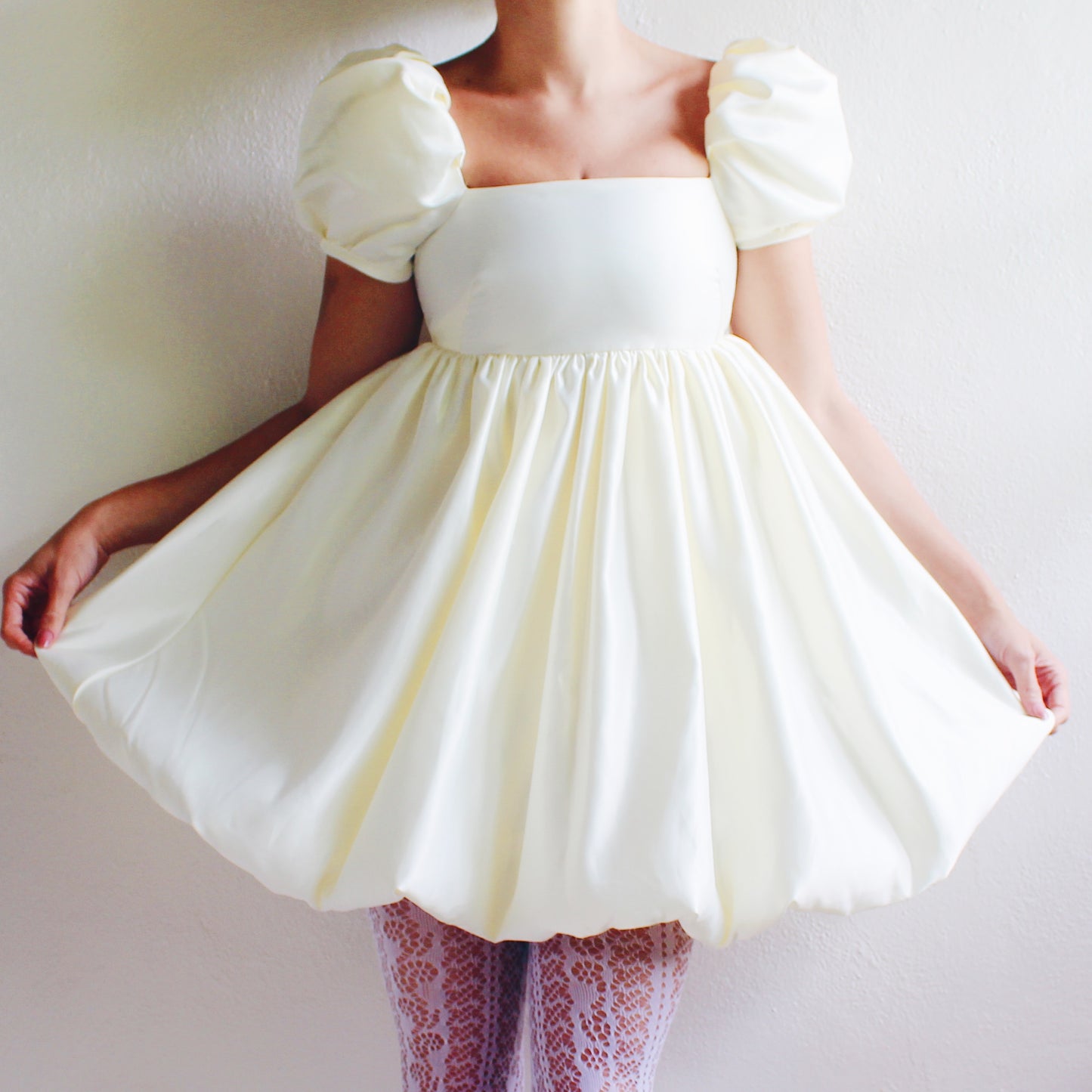 Upcycled Cream Babydoll Dress - Selkie like Cute Coquette Style with Bubble Sleeves | Perfect for Formal Events