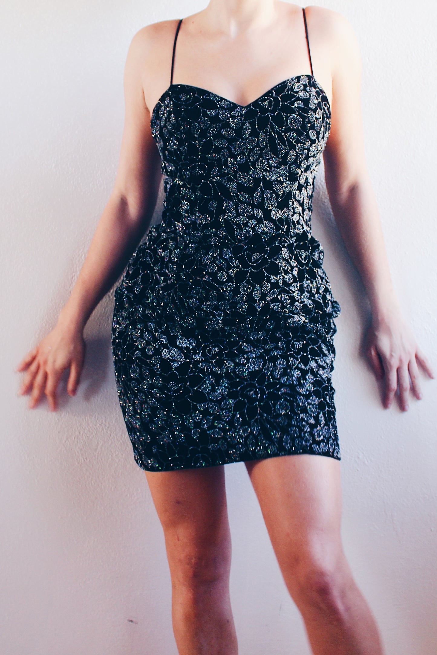 NYE Glamour: Black Velvet Glittery Mini Dress with Shimmery Flowers